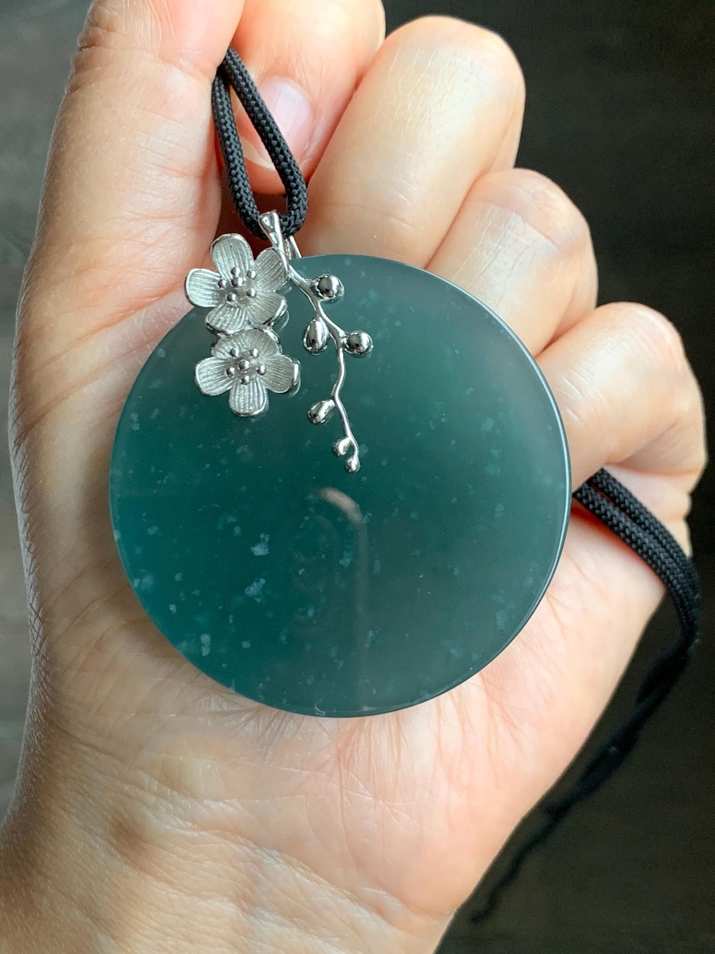 Certified Natural Guatemalan Icy Translucent Dark Teal Blue Jade Jadeite Wu Shi Pai Large Pendant Sterling Silver 天然老种冰危深蓝绿翡翠无事牌梅花吊坠 8738