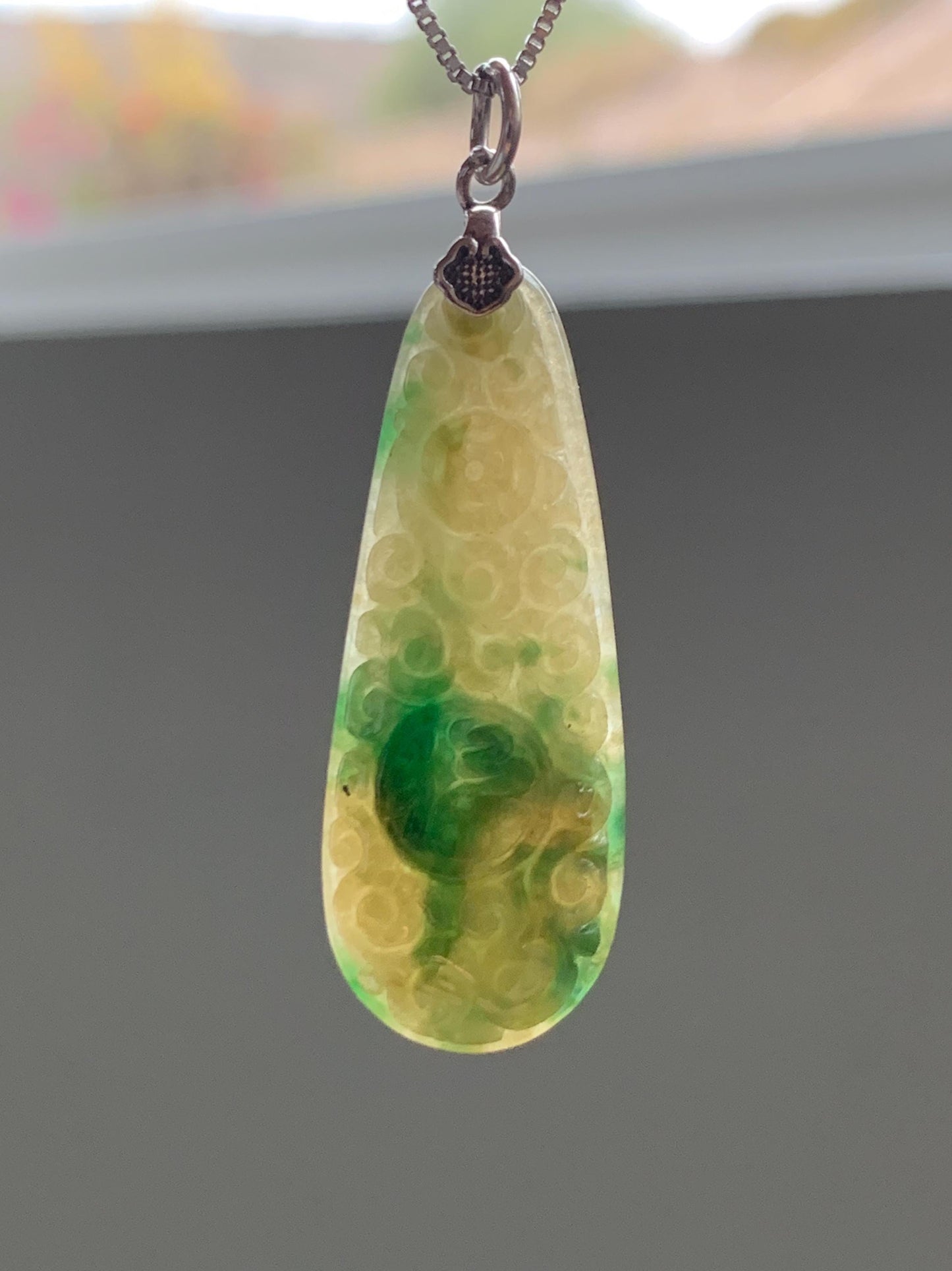 Natural Grade A Icy Translucent Yellow Green Marbled Jade Jadeite Engraved Teardrop Pendant Sterling Silver 4g 天然冰黄配阳绿花翡翠仿古雕水滴吊坠 MHL223