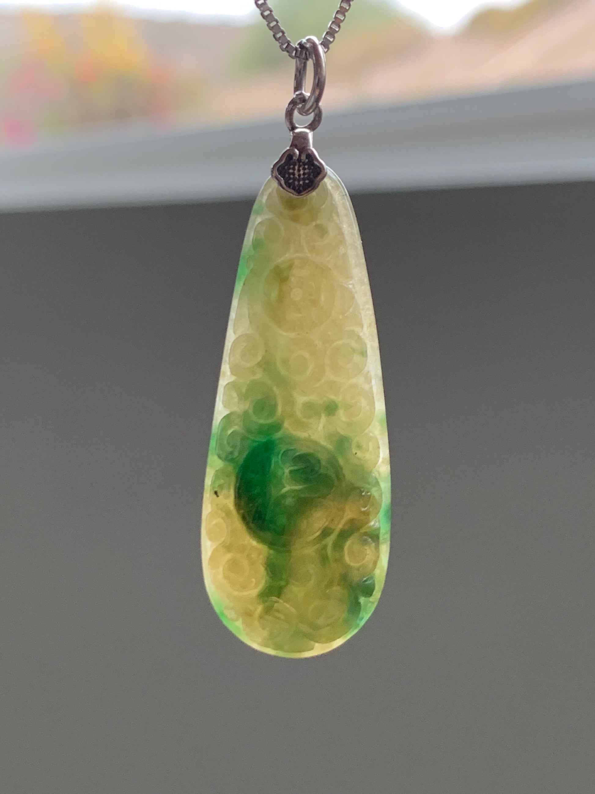 Natural Grade A Icy Translucent Yellow Green Marbled Jade Jadeite Engraved Teardrop Pendant Sterling Silver 4g 天然冰黄配阳绿花翡翠仿古雕水滴吊坠 MHL223
