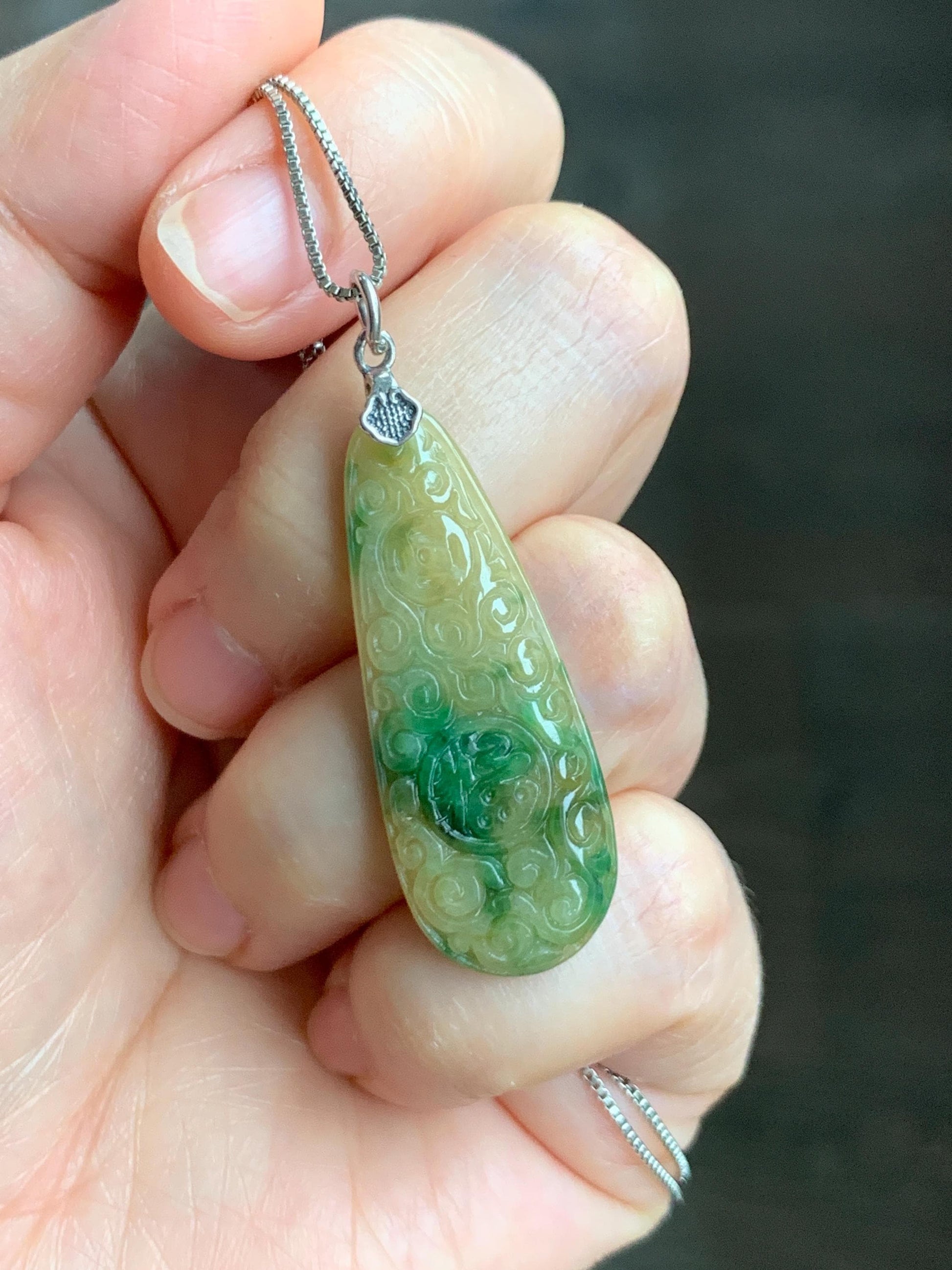 Natural Grade A Icy Translucent Yellow Green Marbled Jade Jadeite Engraved Teardrop Pendant Sterling Silver 4g 天然冰黄配阳绿花翡翠仿古雕水滴吊坠 MHL223
