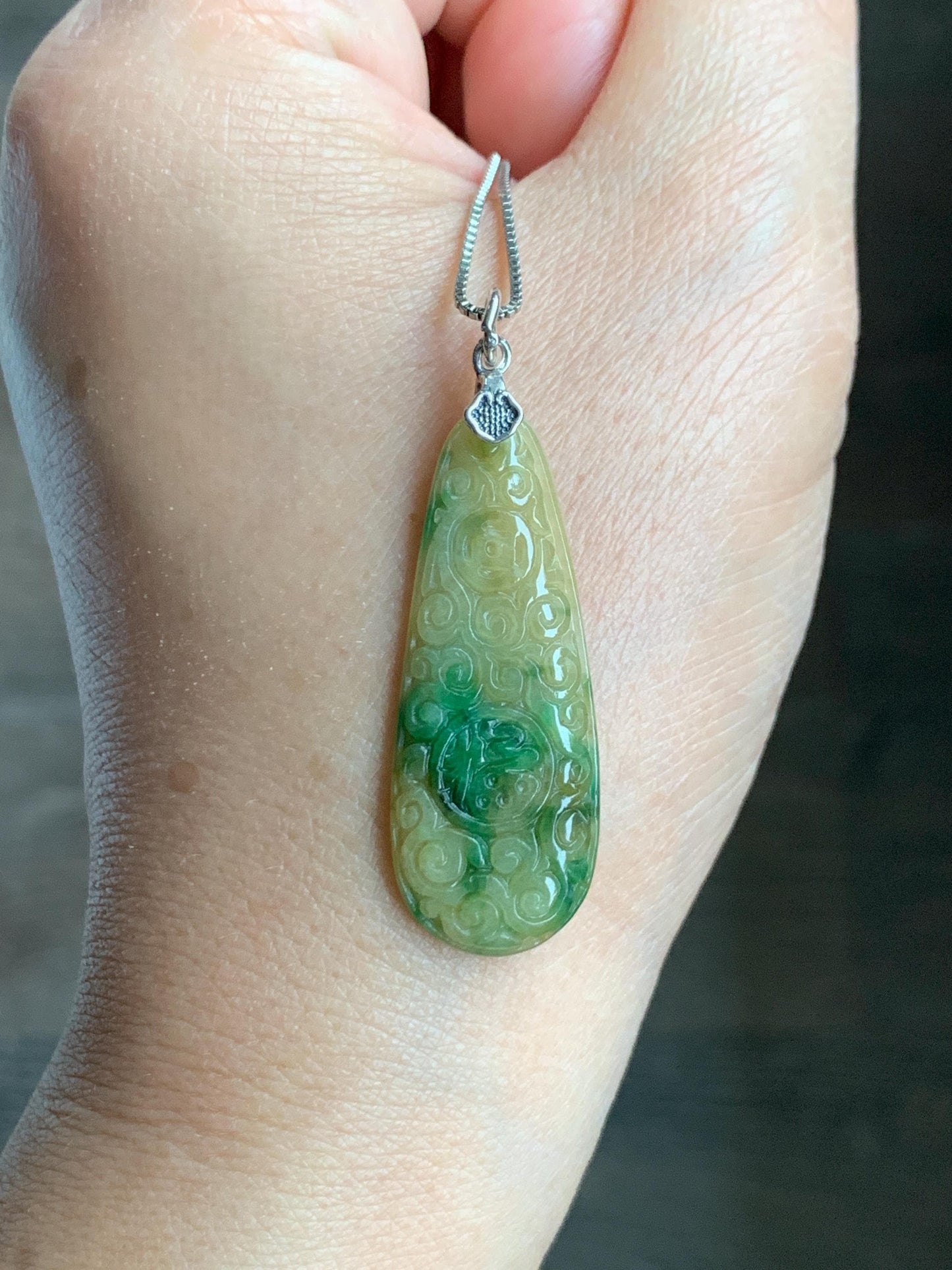 Natural Grade A Icy Translucent Yellow Green Marbled Jade Jadeite Engraved Teardrop Pendant Sterling Silver 4g 天然冰黄配阳绿花翡翠仿古雕水滴吊坠 MHL223