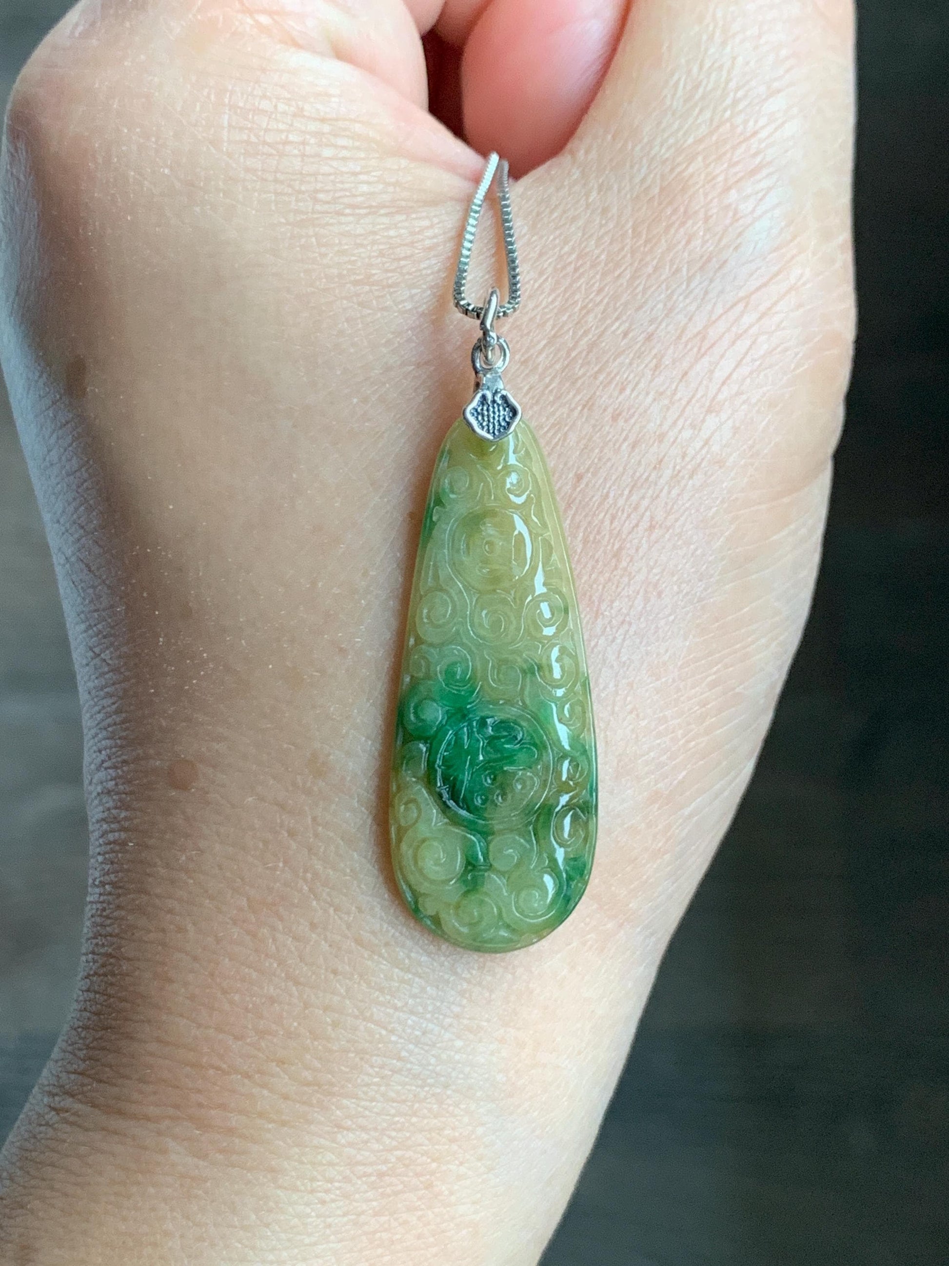 Natural Grade A Icy Translucent Yellow Green Marbled Jade Jadeite Engraved Teardrop Pendant Sterling Silver 4g 天然冰黄配阳绿花翡翠仿古雕水滴吊坠 MHL223