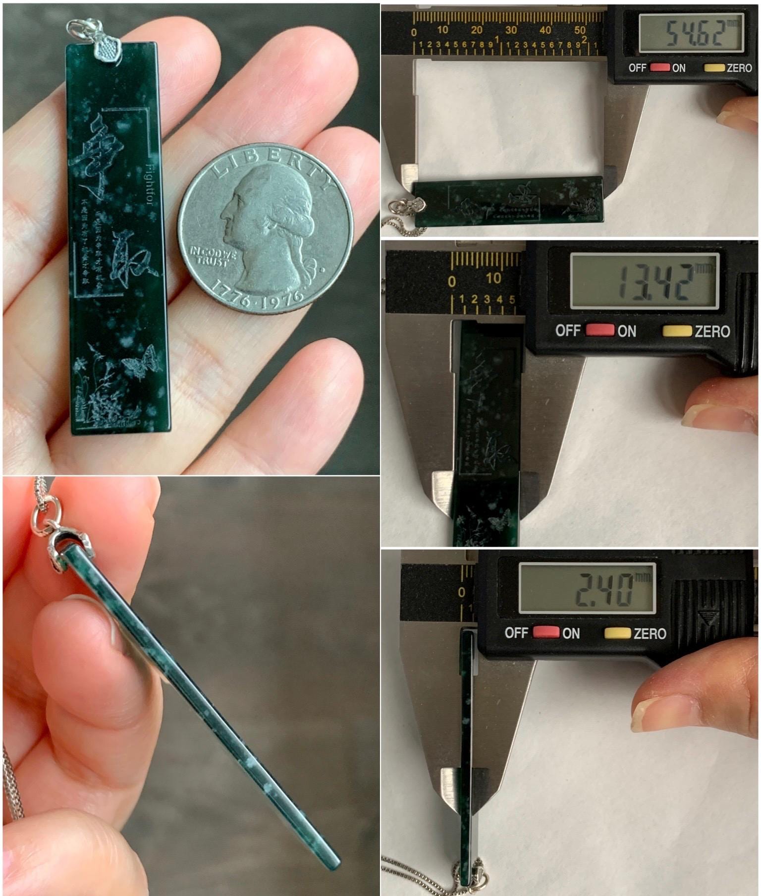 Natural Grade A Guatemalan Icy Translucent Dark Teal Green Jade Jadeite Engraved Fight For Pendant Sterling Silver 6g 天然冰危深蓝绿翡翠牌吊坠 WPP125