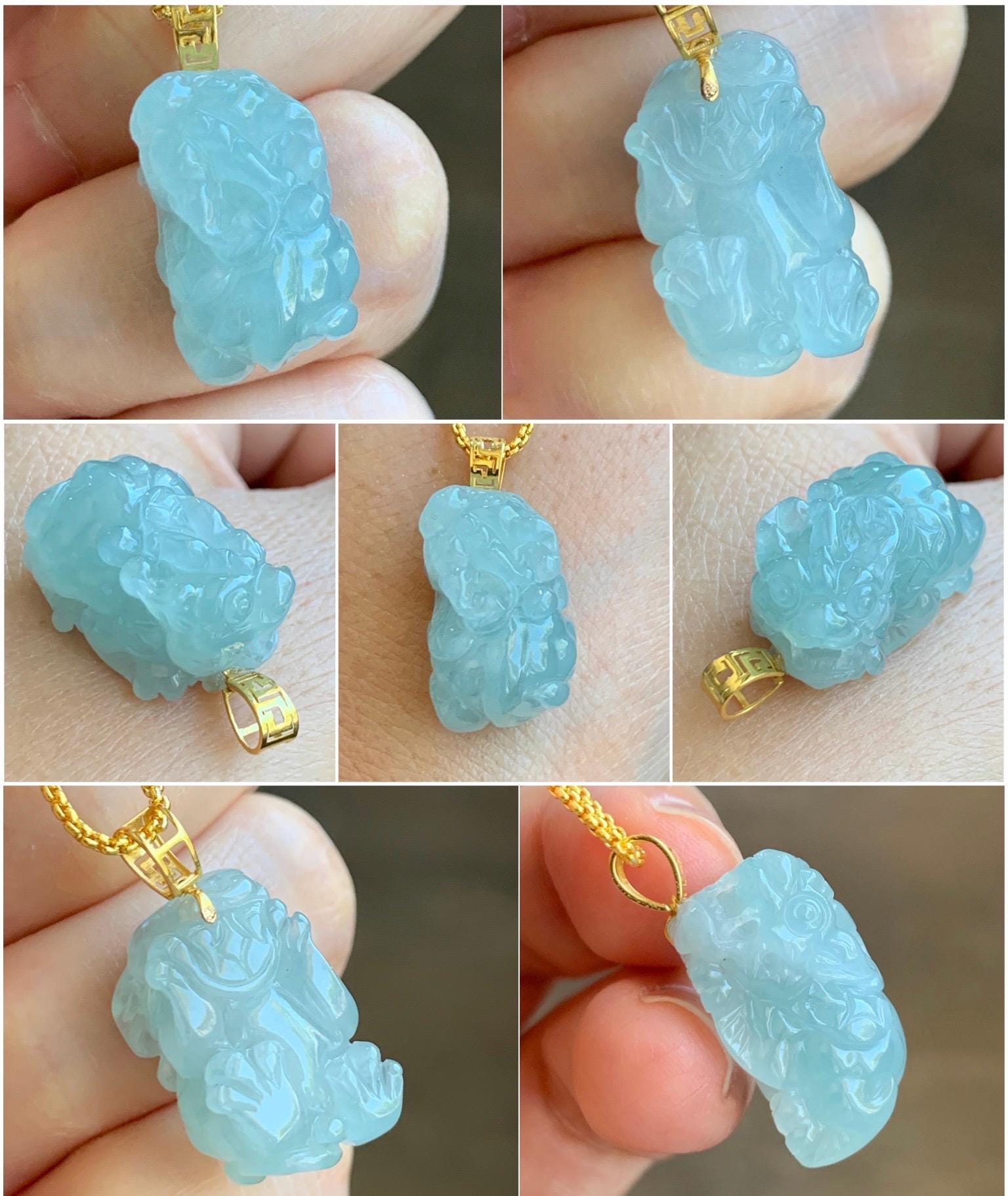 Natural Grade A Icy Translucent Gelatinous Pastel Blue Jade Jadeite Carved Pixiu Pendant 18K Yellow Gold 7g 天然老种冰胶淡蓝翡翠貔貅吊坠 MTL248G