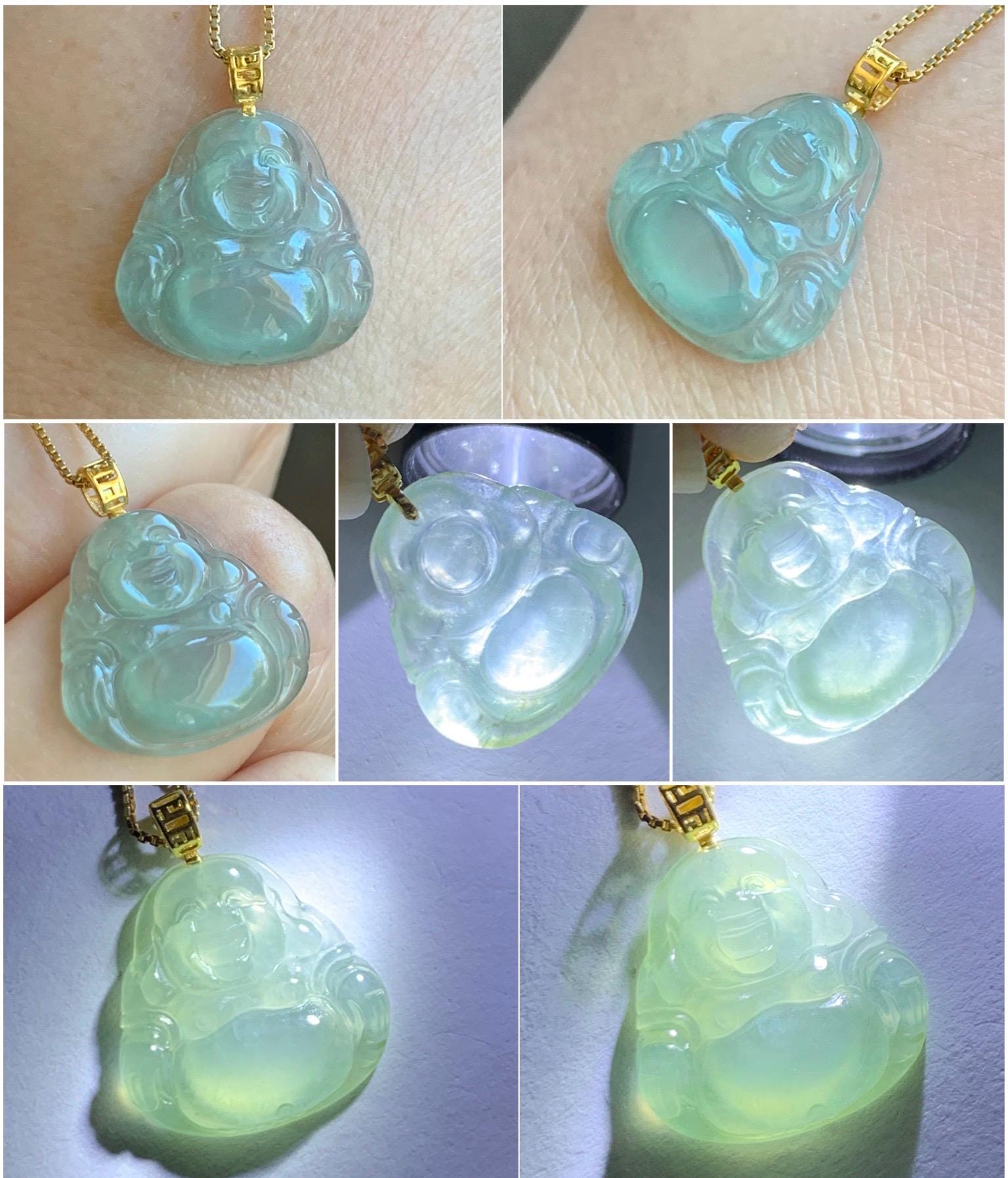 Natural Grade A Icy Highly Translucent Light Green Jade Jadeite Carved Buddha Petite Pendant 18K Yellow Gold 天然冰胶晴色翡翠小佛公镶嵌吊坠 MQF180A