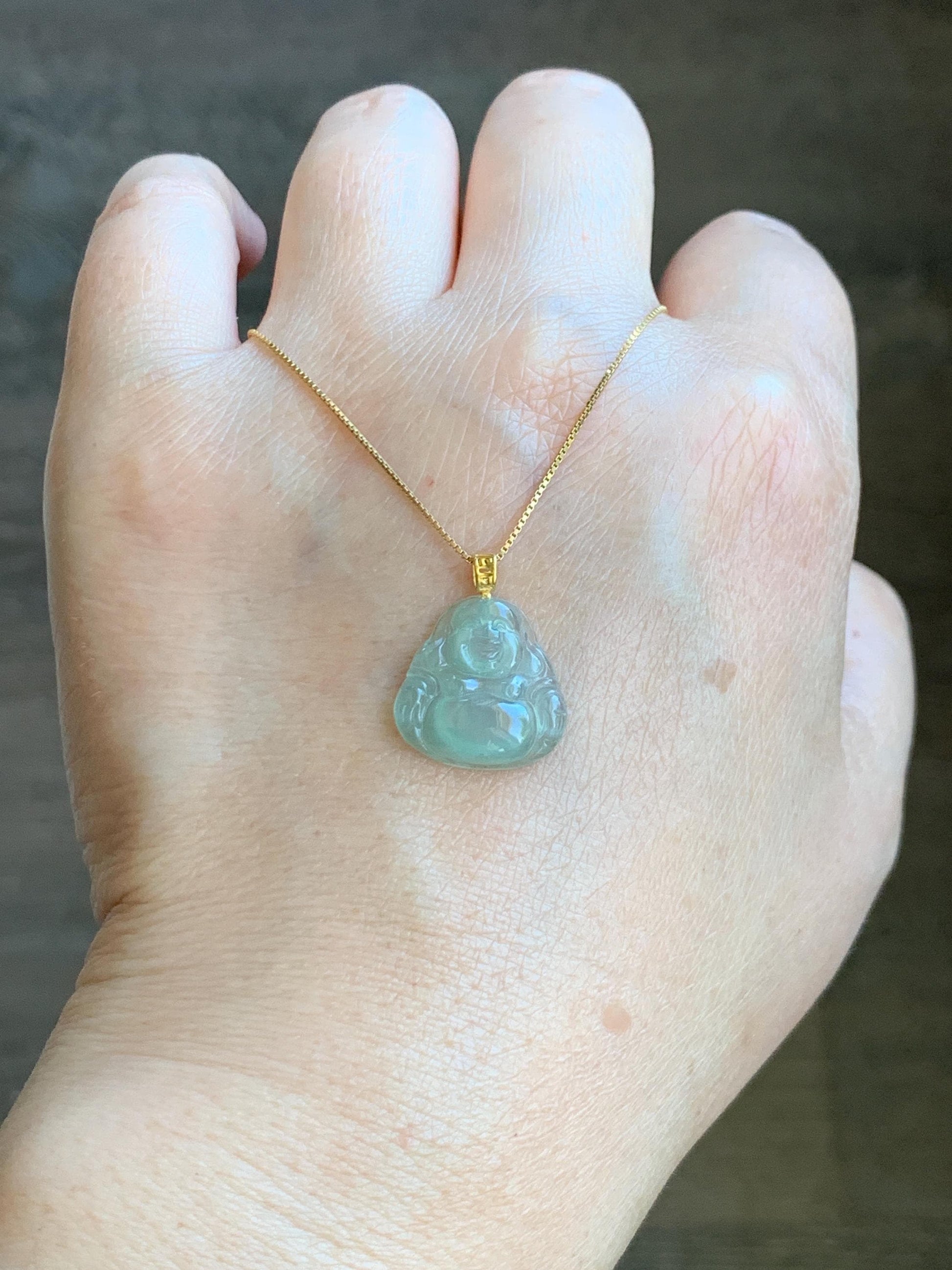 Natural Grade A Icy Highly Translucent Light Green Jade Jadeite Carved Buddha Petite Pendant 18K Yellow Gold 天然冰胶晴色翡翠小佛公镶嵌吊坠 MQF180A