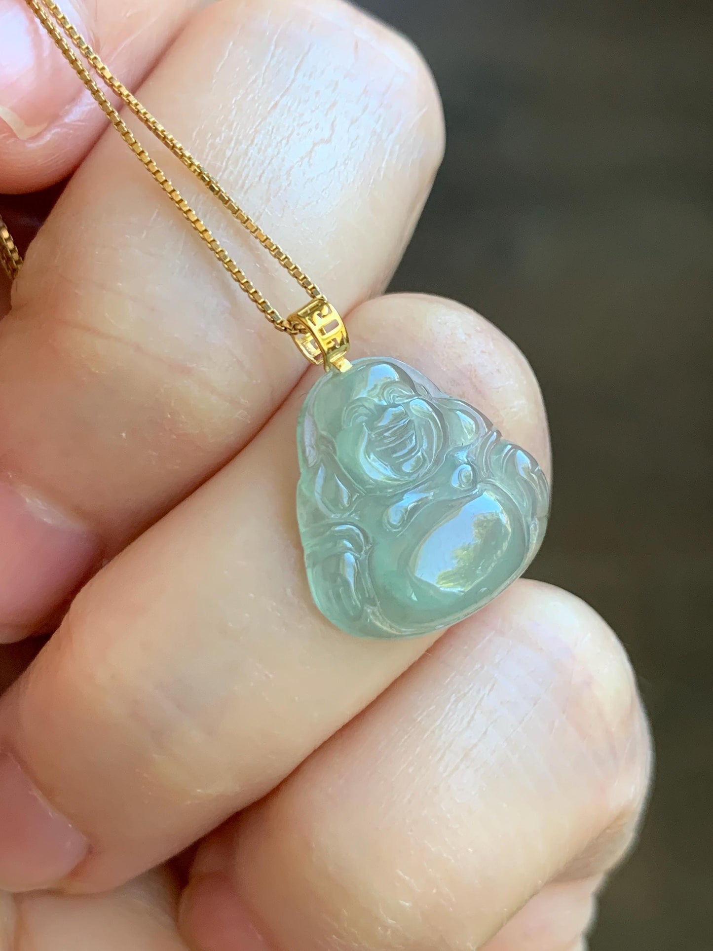 Natural Grade A Icy Highly Translucent Light Green Jade Jadeite Carved Buddha Petite Pendant 18K Yellow Gold 天然冰胶晴色翡翠小佛公镶嵌吊坠 MQF180A
