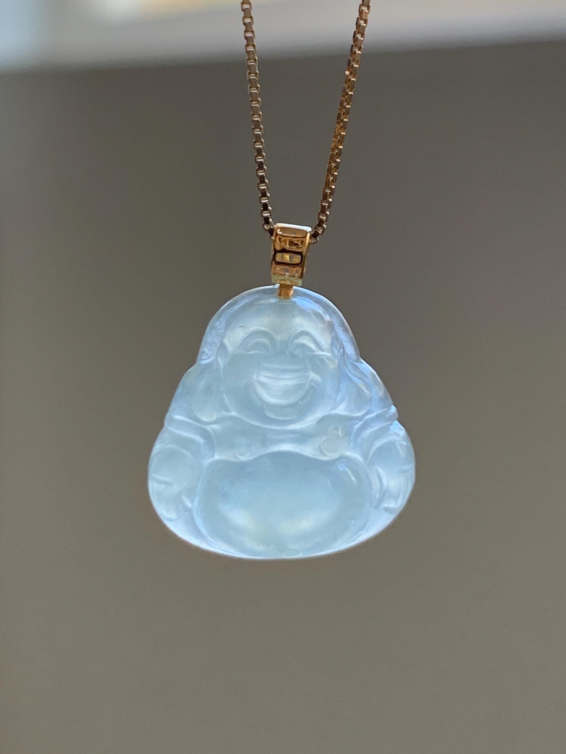 Natural Grade A Icy Highly Translucent Pastel Green Jade Jadeite Carved Buddha Petite Pendant 18K Yellow Gold 天然冰胶晴底翡翠小佛公镶嵌吊坠 MQF180B