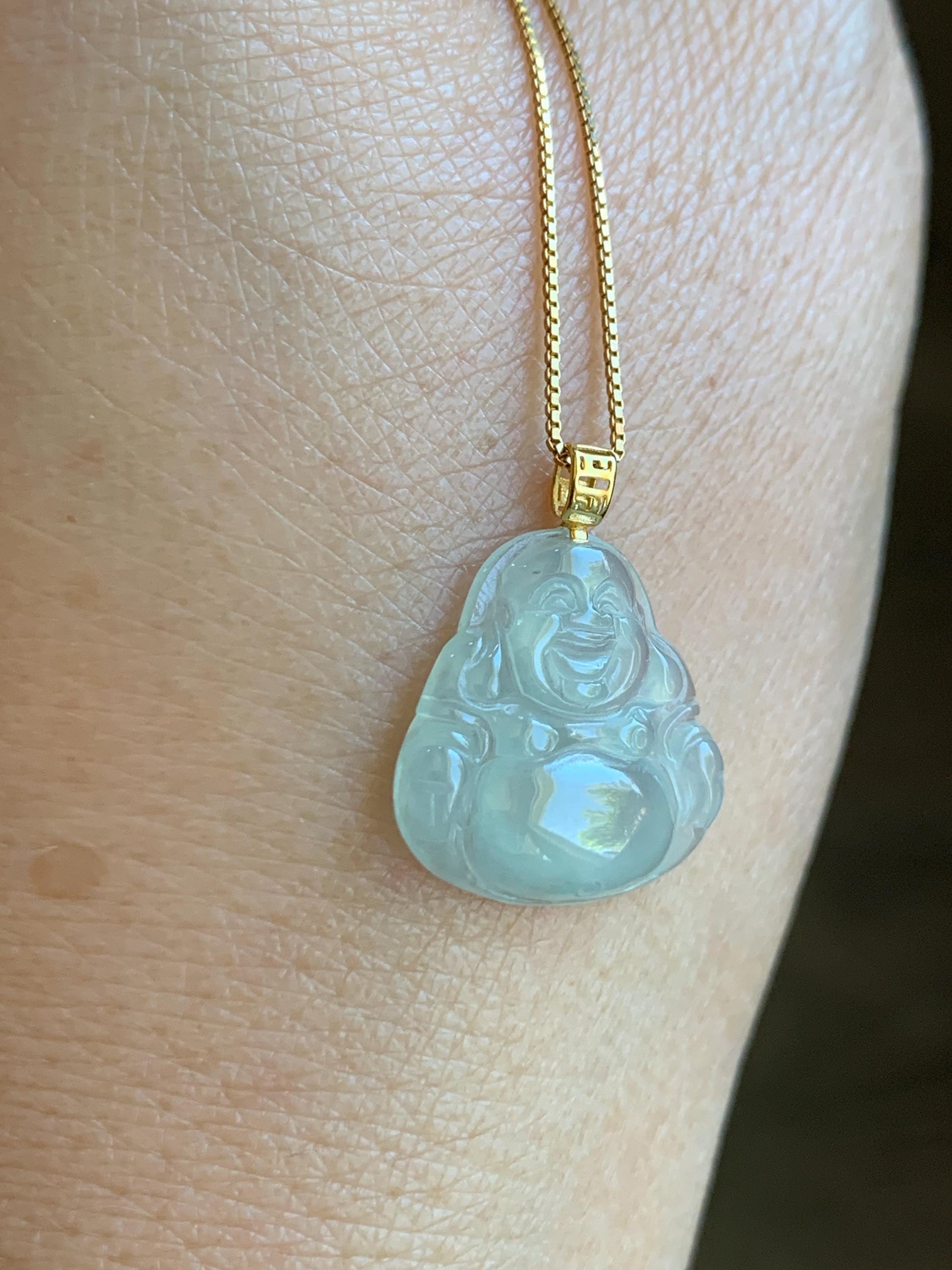 Natural Grade A Icy Highly Translucent Pastel Green Jade Jadeite Carved Buddha Petite Pendant 18K Yellow Gold 天然冰胶晴底翡翠小佛公镶嵌吊坠 MQF180B