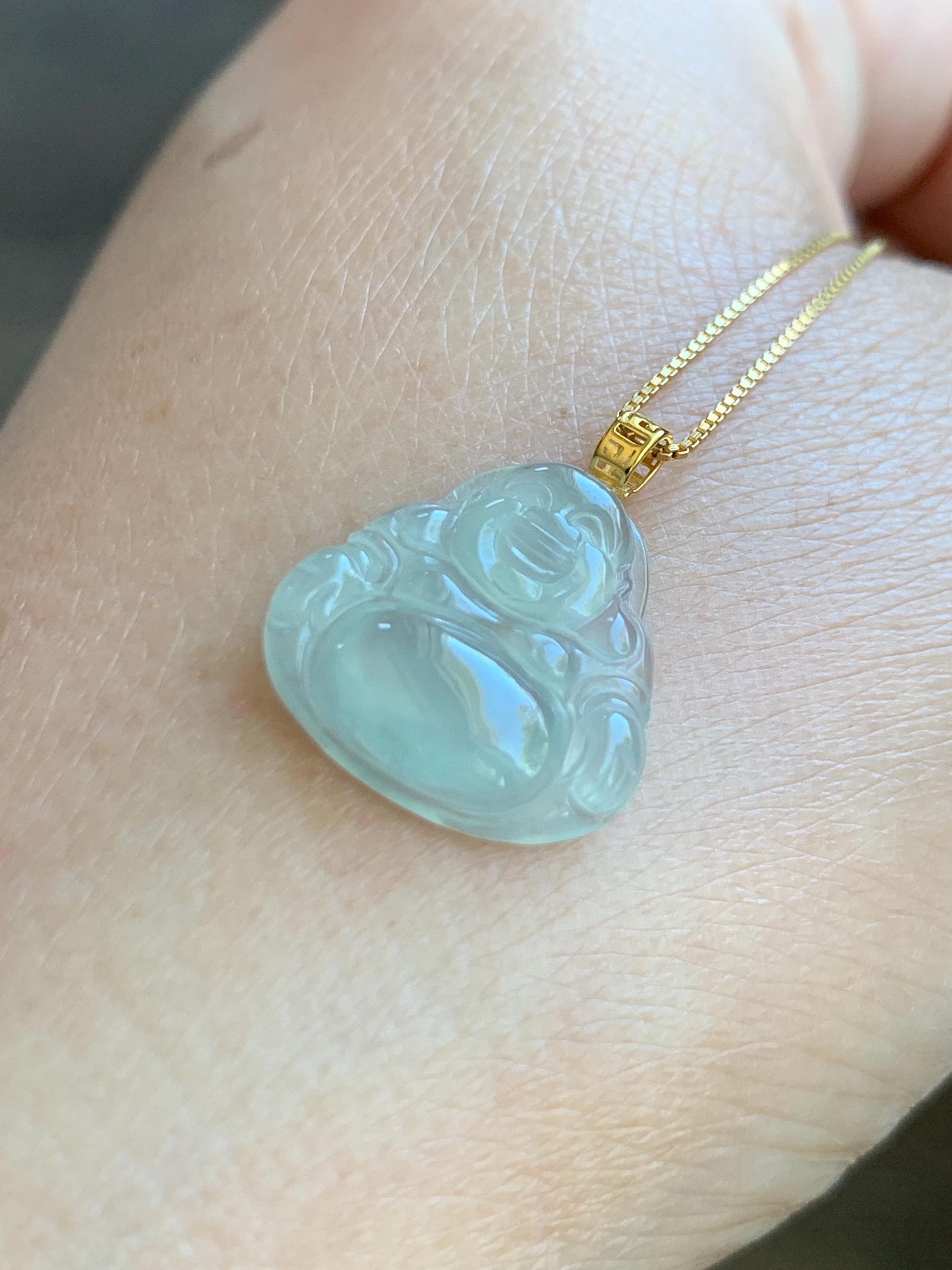 Natural Grade A Icy Highly Translucent Pastel Green Jade Jadeite Carved Buddha Petite Pendant 18K Yellow Gold 天然冰胶晴底翡翠小佛公镶嵌吊坠 MQF180B