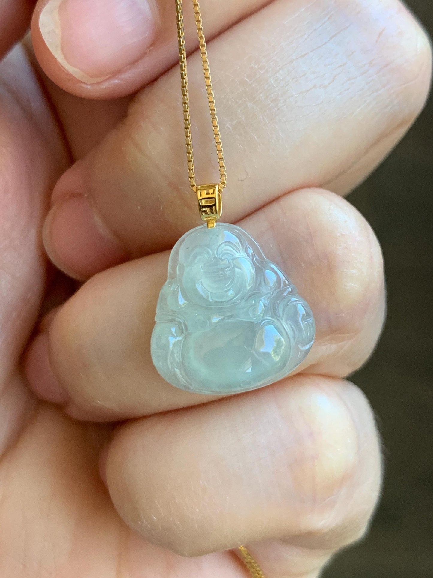 Natural Grade A Icy Highly Translucent Pastel Green Jade Jadeite Carved Buddha Petite Pendant 18K Yellow Gold 天然冰胶晴底翡翠小佛公镶嵌吊坠 MQF180B