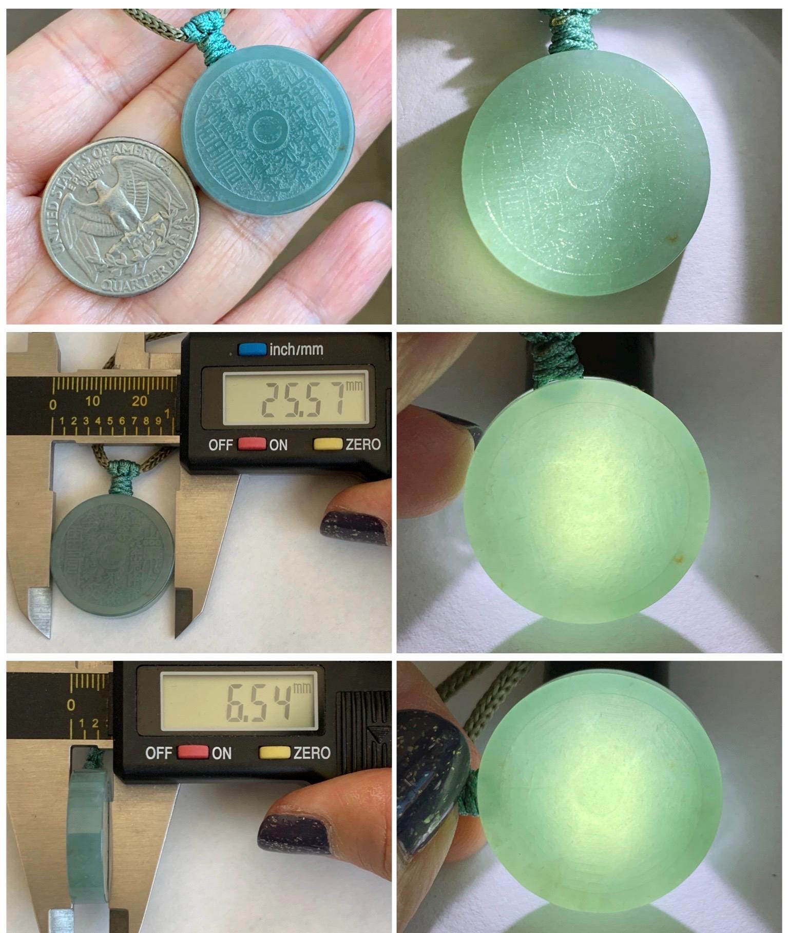 Natural Guatemalan Icy Translucent Light Green Jade Jadeite Mountain Ghost Eight Trigrams Coin Pendant Rope Necklace 天然冰危浅蓝绿翡翠精工山鬼币吊坠 PSG81A