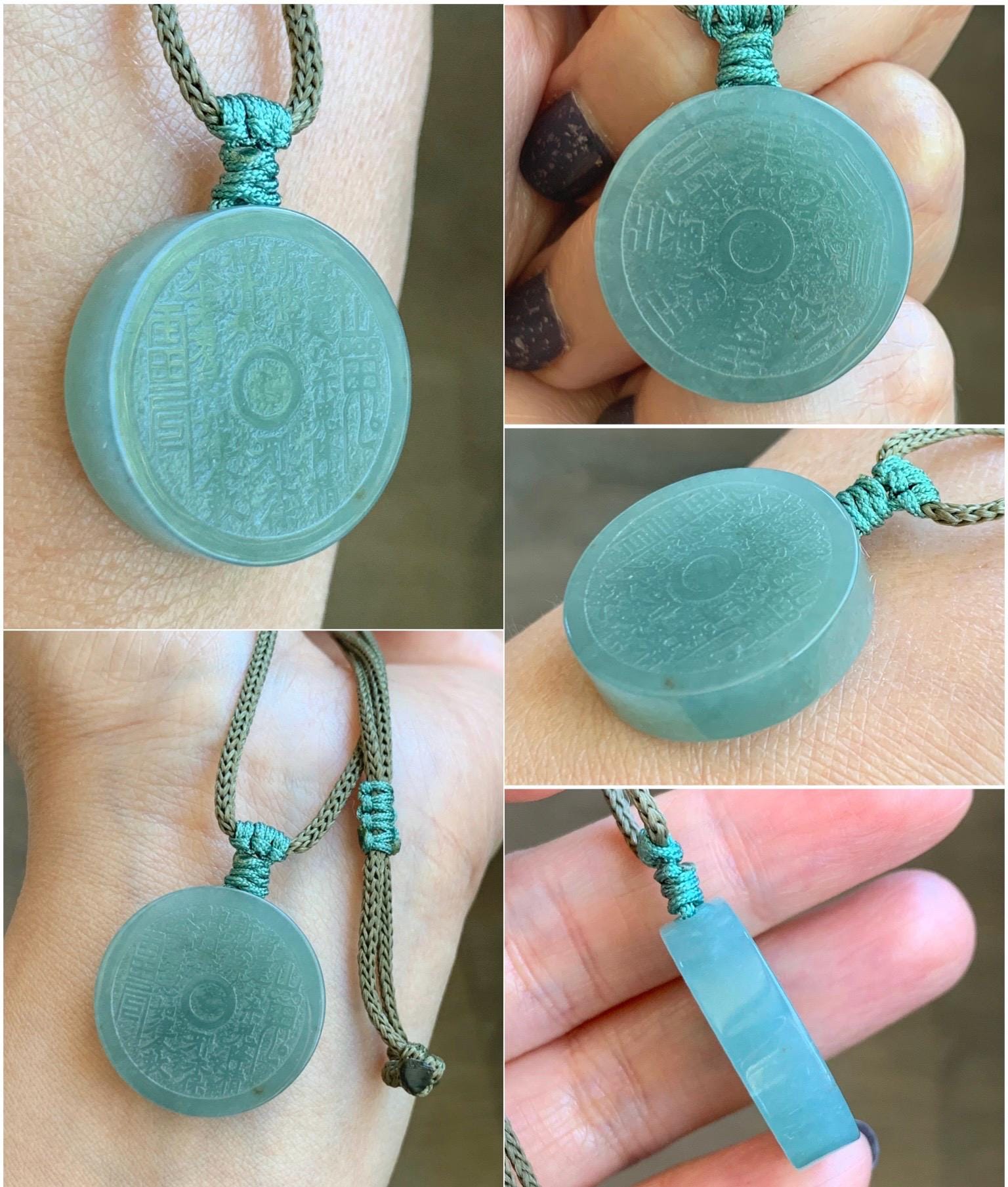Natural Guatemalan Icy Translucent Light Green Jade Jadeite Mountain Ghost Eight Trigrams Coin Pendant Rope Necklace 天然冰危浅蓝绿翡翠精工山鬼币吊坠 PSG81A