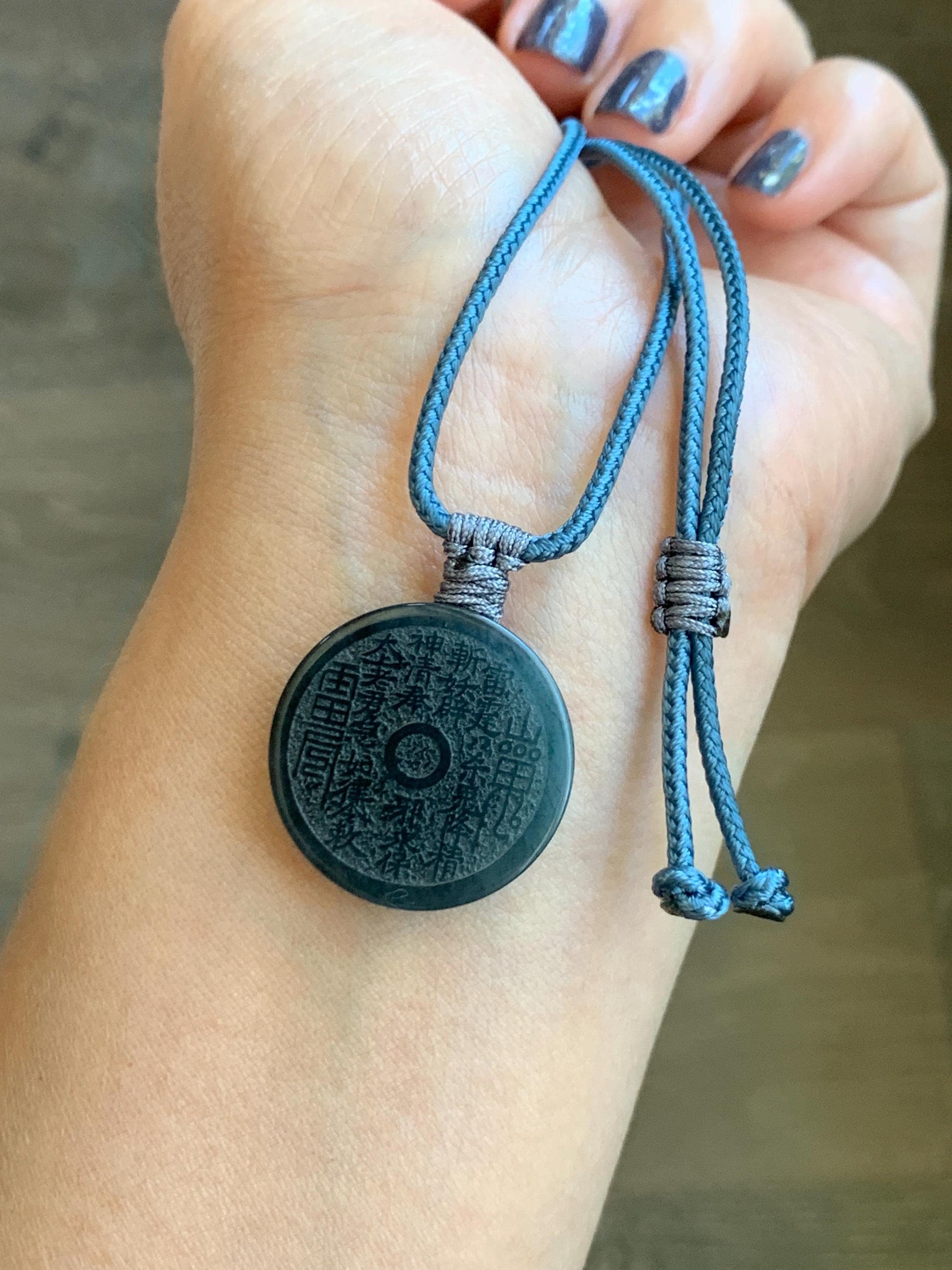 Natural Guatemalan Icy Translucent Wuji Jade Jadeite Mountain Ghost Eight Trigrams Coin Pendant Rope Necklace 天然冰危乌鸡翡翠精工山鬼币吊坠 PSG81B