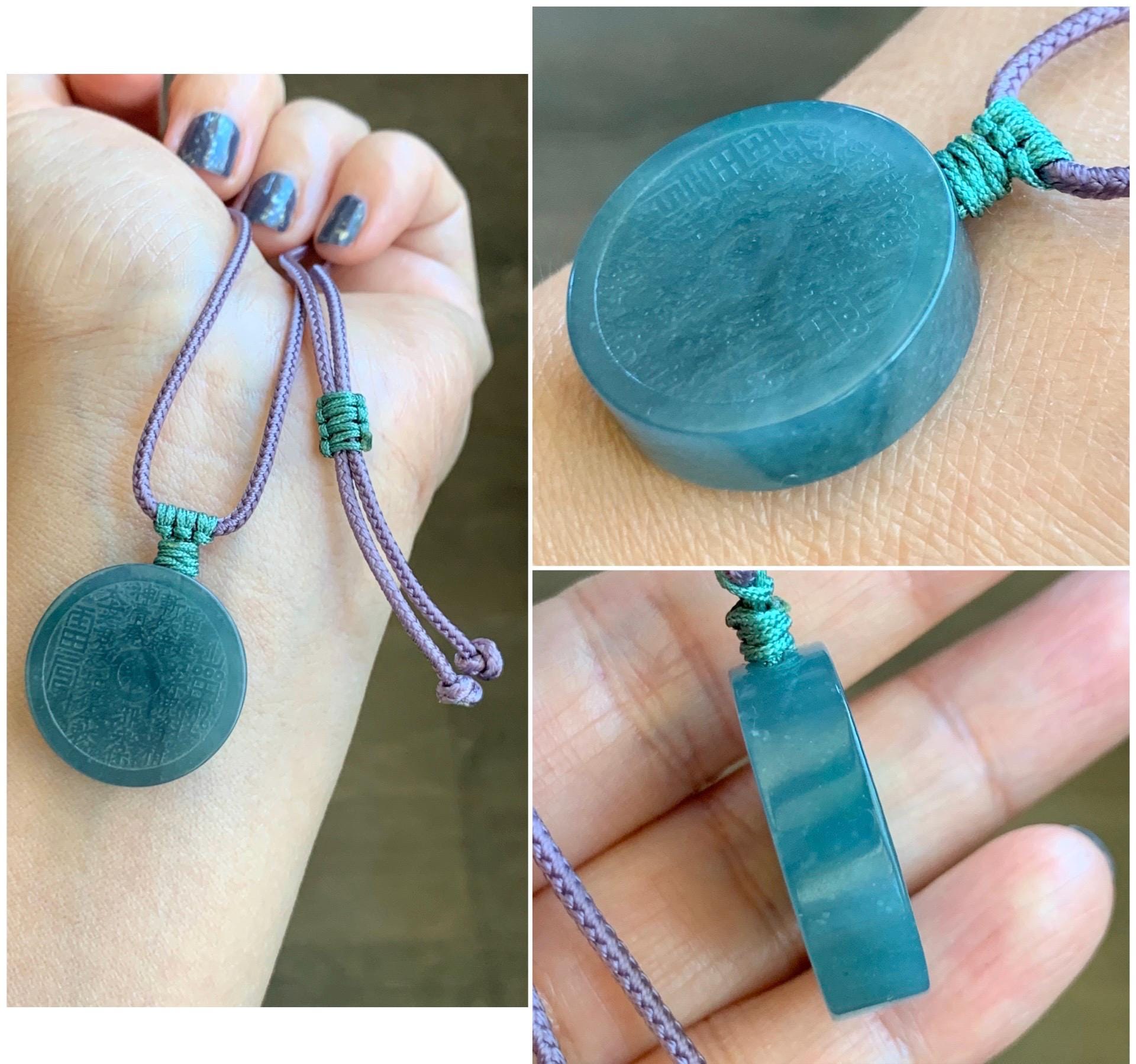 Natural Guatemalan Icy Translucent Teal Blue Jade Jadeite Mountain Ghost Eight Trigrams Coin Pendant Rope Necklace 天然冰危蓝绿翡翠精工山鬼币吊坠 PSG81C