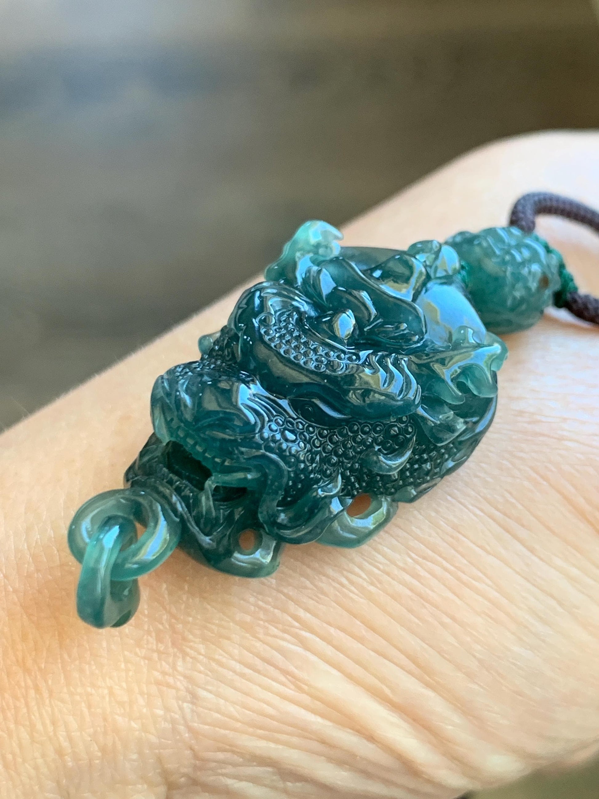 Certified Natural Guatemalan Icy Translucent Dark Teal Blue Jade Jadeite Dragon Wu Dao Pendant Rope Necklace 27.5" 15g 天然冰危深蓝翡翠精工龙头吾道吊坠 9466