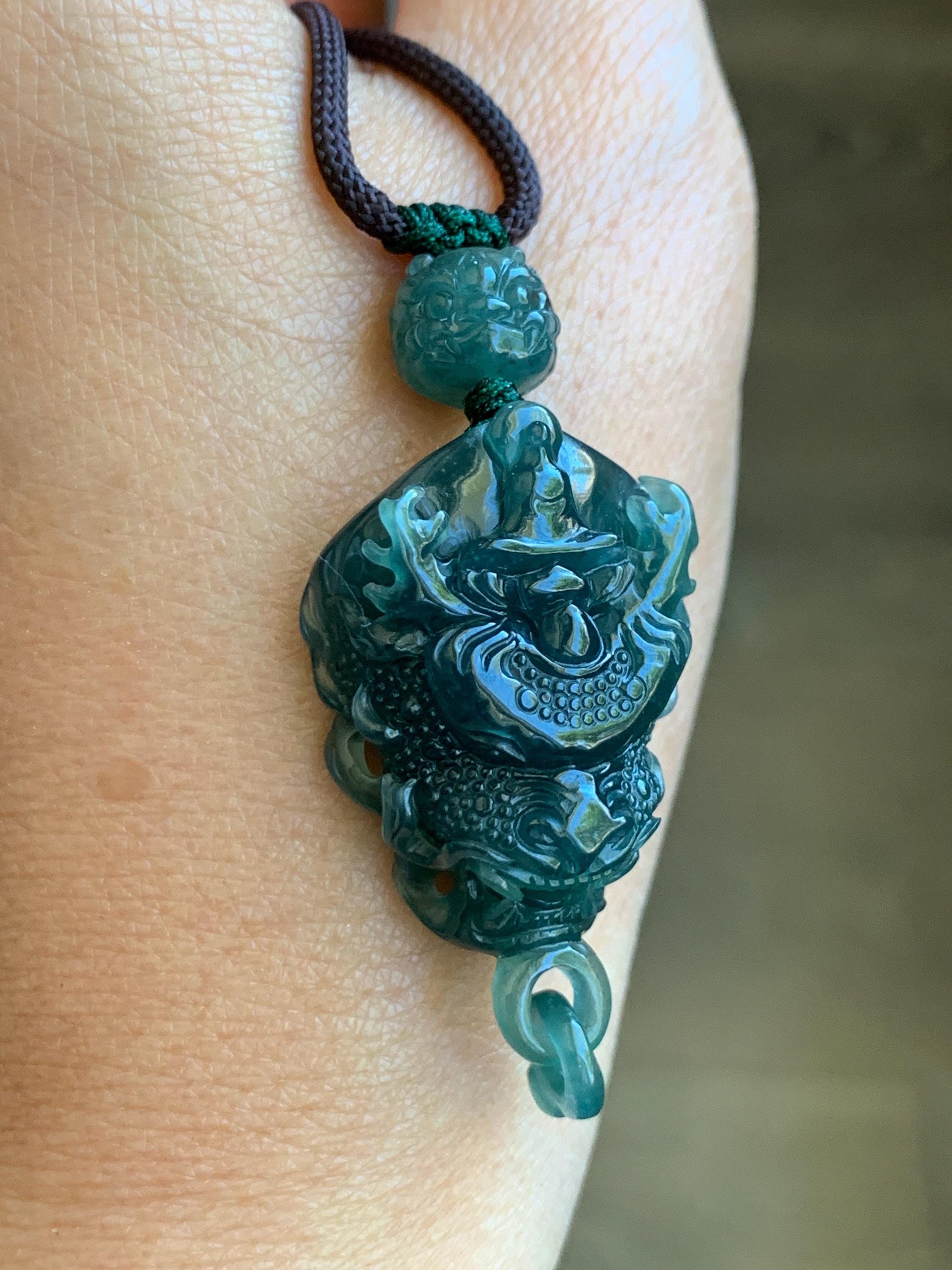 Certified Natural Guatemalan Icy Translucent Dark Teal Blue Jade Jadeite Dragon Wu Dao Pendant Rope Necklace 27.5" 15g 天然冰危深蓝翡翠精工龙头吾道吊坠 9466