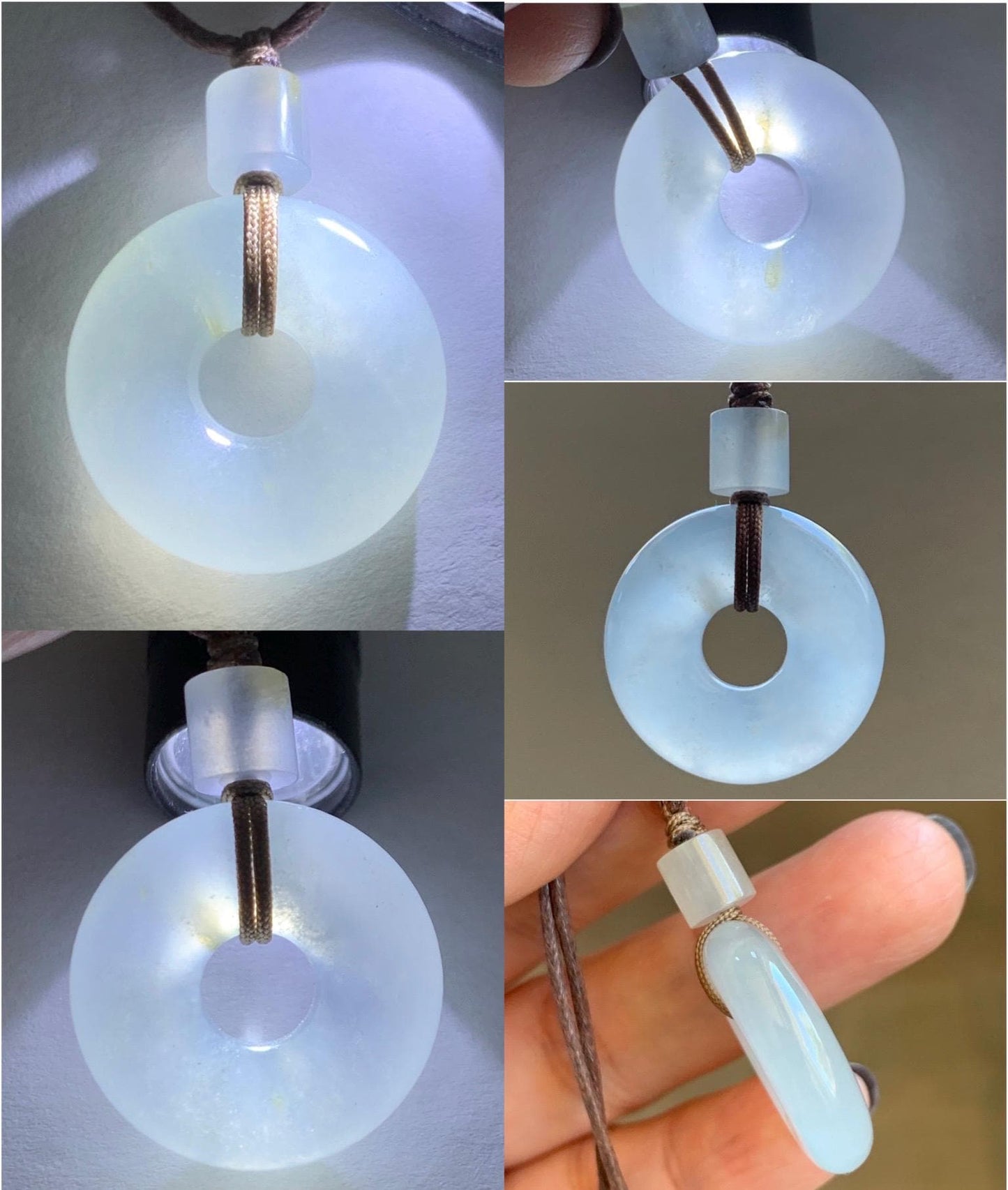 Certified Natural Grade A Icy Highly Translucent Gelatinous White Jadeite Ping An Kou Donut Pendant Rope Necklace 18” 天然老种冰胶翡翠平安扣吊坠 9430