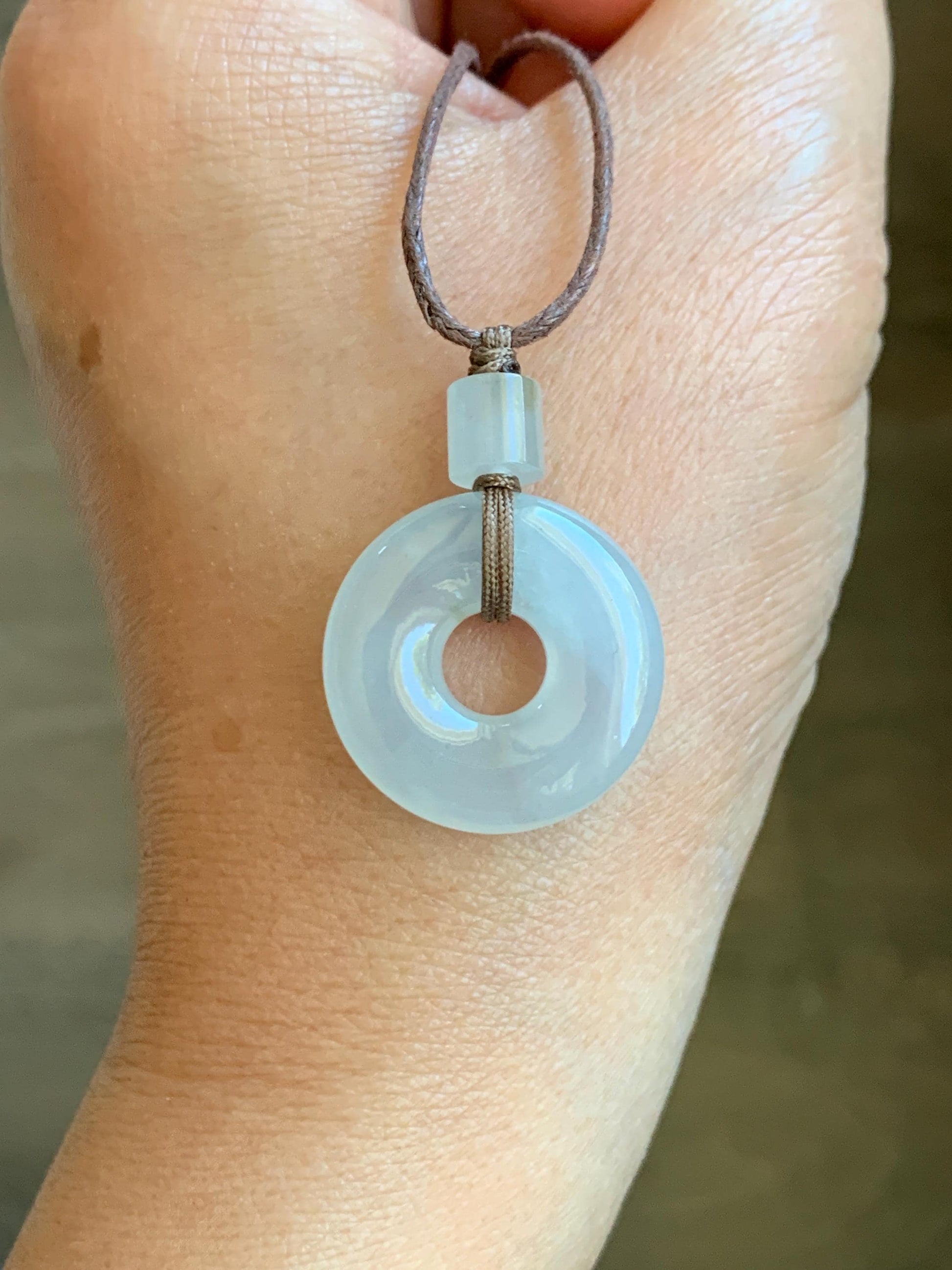 Certified Natural Grade A Icy Highly Translucent Gelatinous White Jadeite Ping An Kou Donut Pendant Rope Necklace 18” 天然老种冰胶翡翠平安扣吊坠 9430