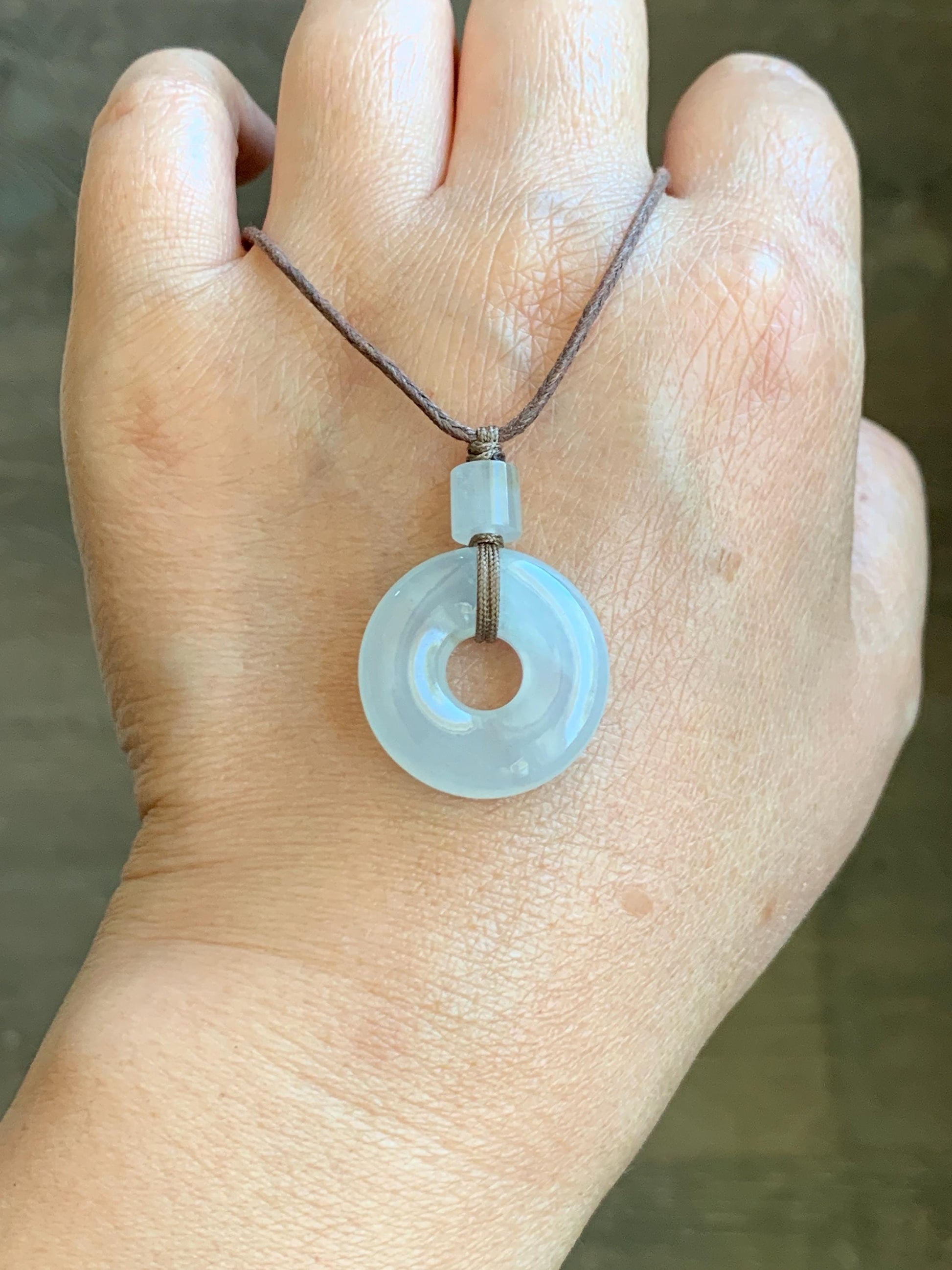 Certified Natural Grade A Icy Highly Translucent Gelatinous White Jadeite Ping An Kou Donut Pendant Rope Necklace 18” 天然老种冰胶翡翠平安扣吊坠 9430