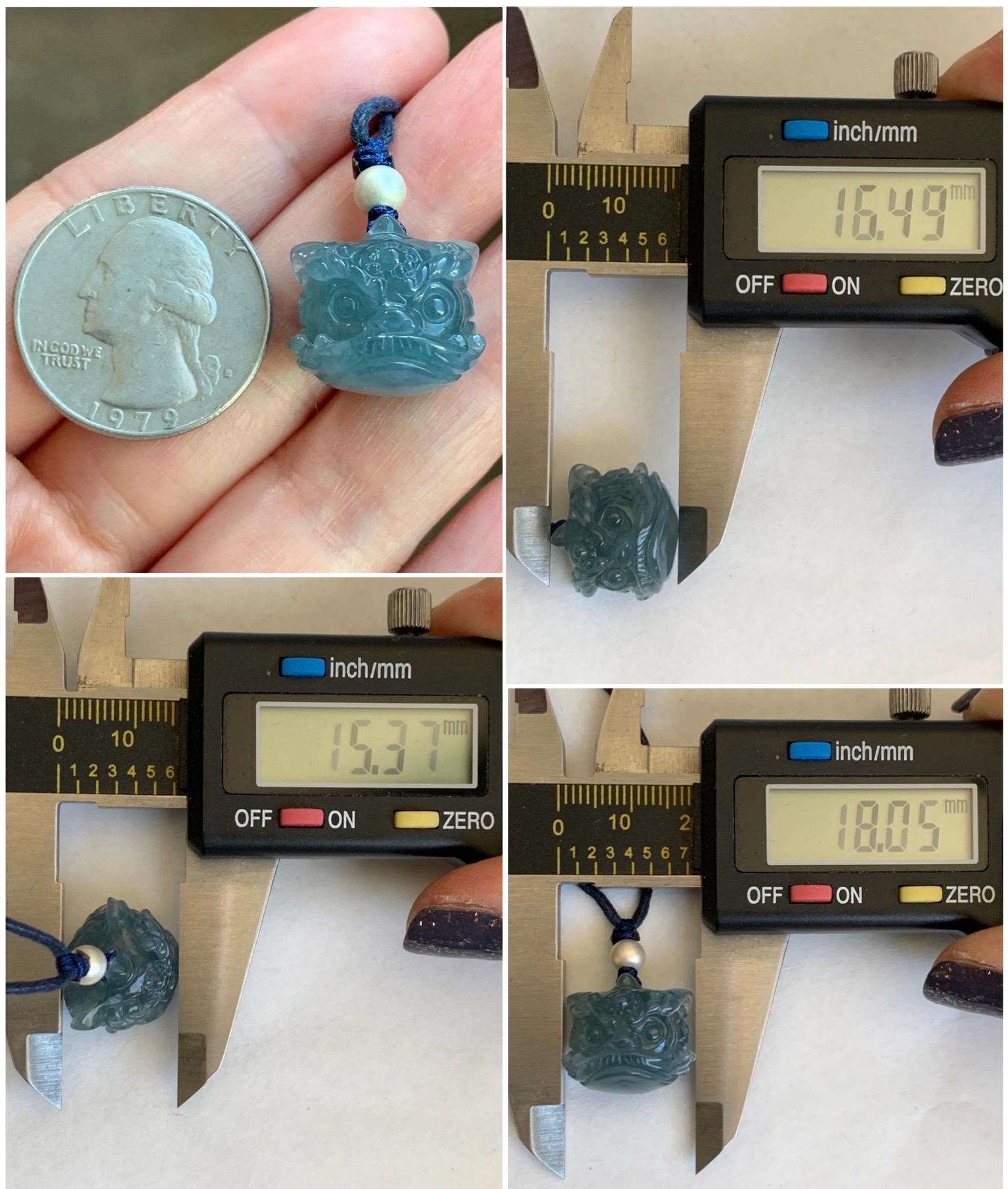 Natural Grade A Guatemalan Icy Highly Translucent Gelatinous Blue Jadeite Dancing Lion Pendant Rope Necklace 26” 8g 天然老种冰胶危蓝翡翠醒狮吊坠 WXS98