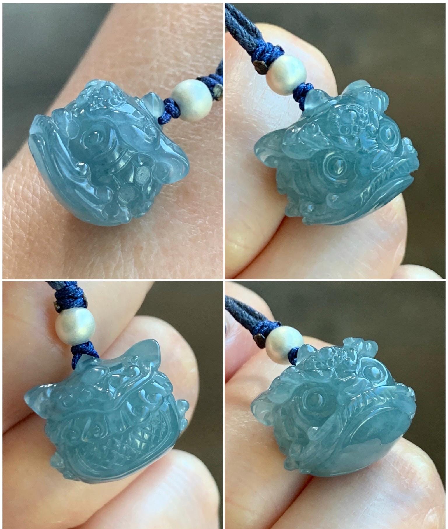 Natural Grade A Guatemalan Icy Highly Translucent Gelatinous Blue Jadeite Dancing Lion Pendant Rope Necklace 26” 8g 天然老种冰胶危蓝翡翠醒狮吊坠 WXS98