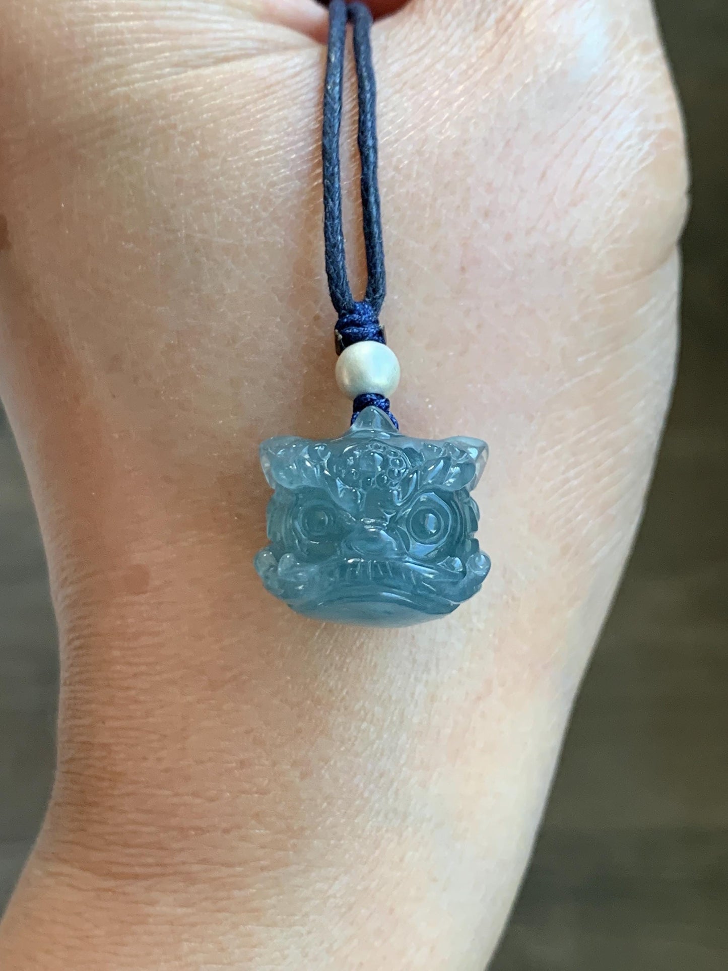 Natural Grade A Guatemalan Icy Highly Translucent Gelatinous Blue Jadeite Dancing Lion Pendant Rope Necklace 26” 8g 天然老种冰胶危蓝翡翠醒狮吊坠 WXS98