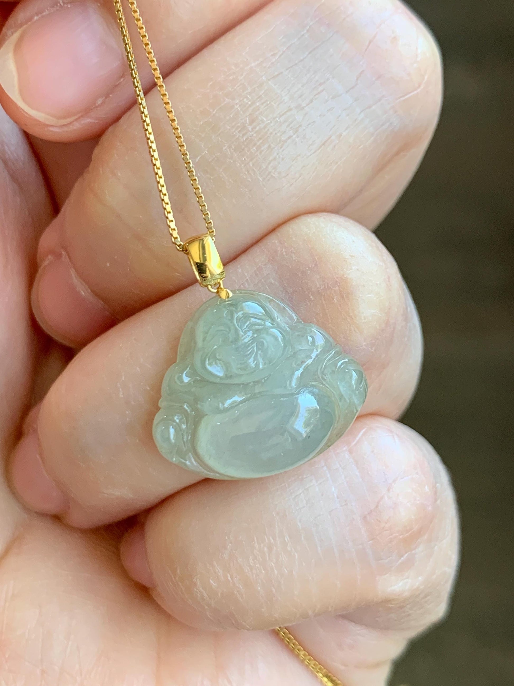 Natural Grade A Icy Highly Translucent Beige Jade Jadeite Carved Buddha Petite Pendant 18K Yellow Gold 天然冰糖黄翡翠小佛公镶嵌吊坠 MTH150A