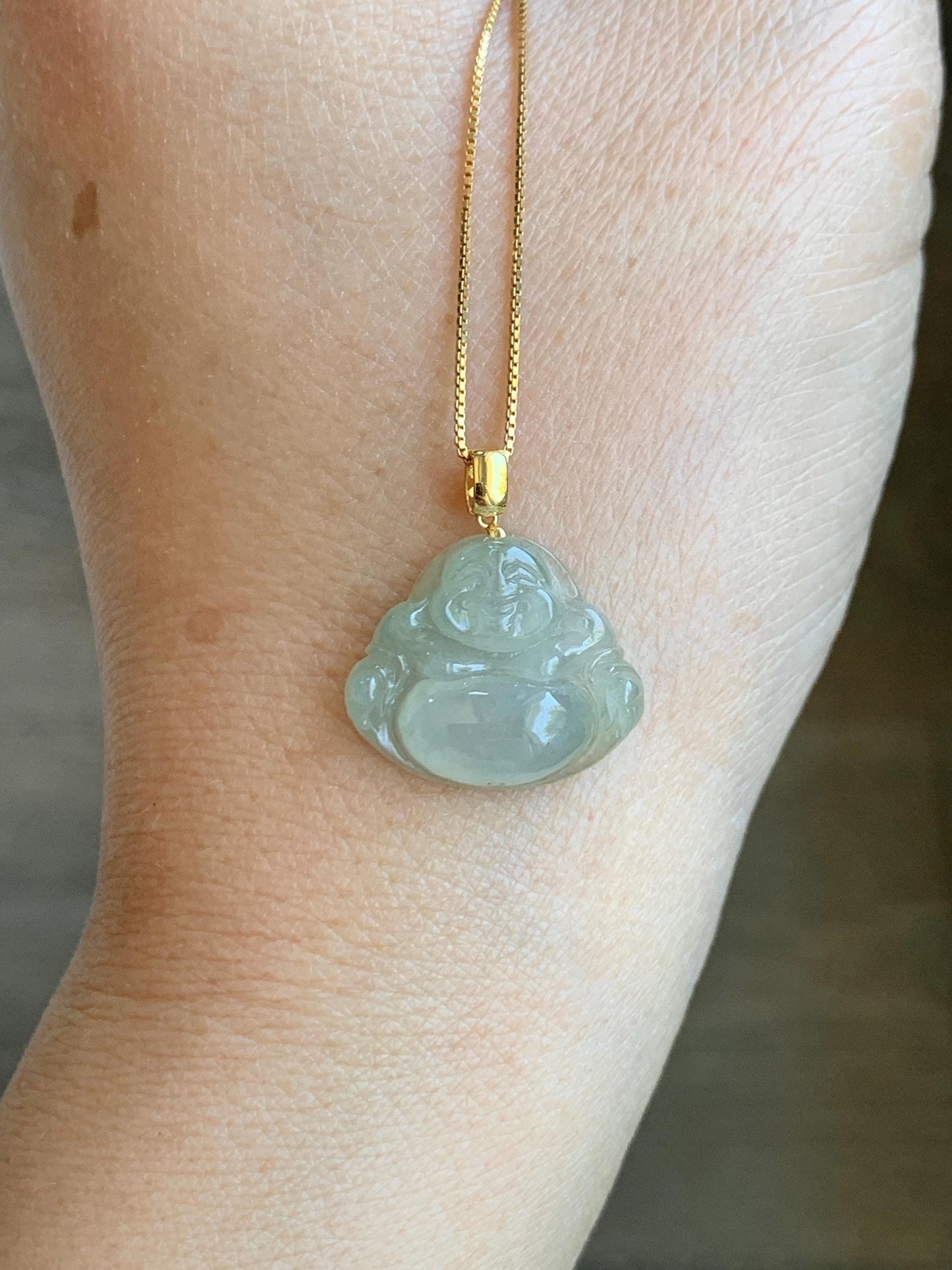 Natural Grade A Icy Highly Translucent Beige Jade Jadeite Carved Buddha Petite Pendant 18K Yellow Gold 天然冰糖黄翡翠小佛公镶嵌吊坠 MTH150A