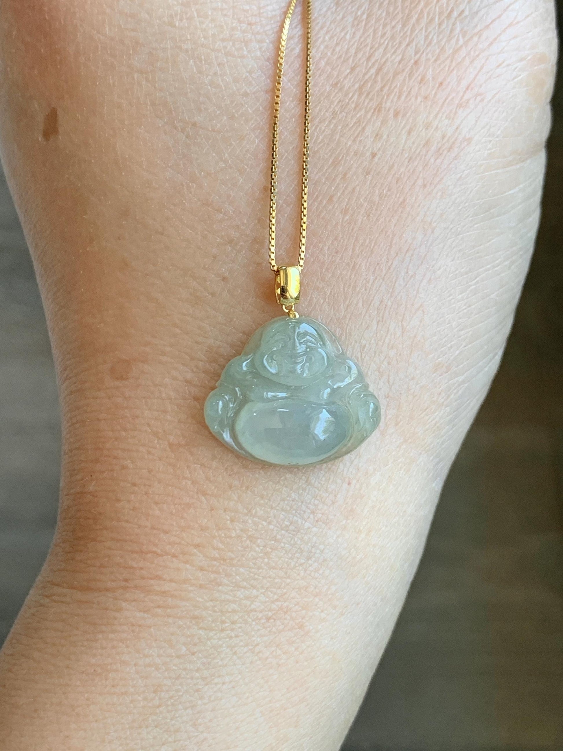 Natural Grade A Icy Highly Translucent Beige Jade Jadeite Carved Buddha Petite Pendant 18K Yellow Gold 天然冰糖黄翡翠小佛公镶嵌吊坠 MTH150A