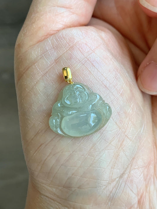 Natural Grade A Icy Highly Translucent Beige Jade Jadeite Carved Buddha Petite Pendant 18K Yellow Gold 天然冰糖黄翡翠小佛公镶嵌吊坠 MTH150A