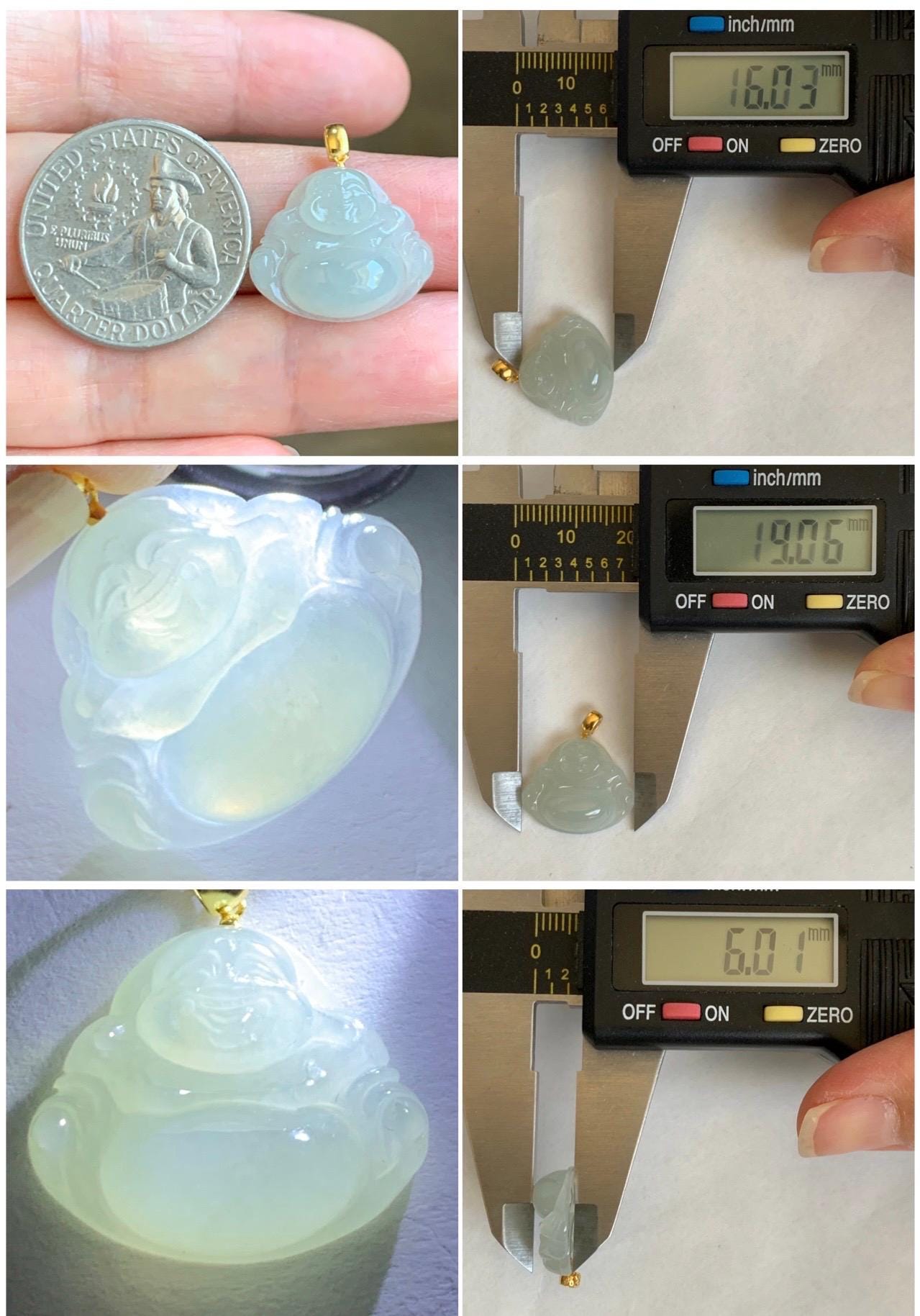 Natural Grade A Icy Translucent Beige Jade Jadeite Carved Buddha Petite Pendant 18K Yellow Gold 天然冰糖黄翡翠小佛公镶嵌吊坠 MTH150B