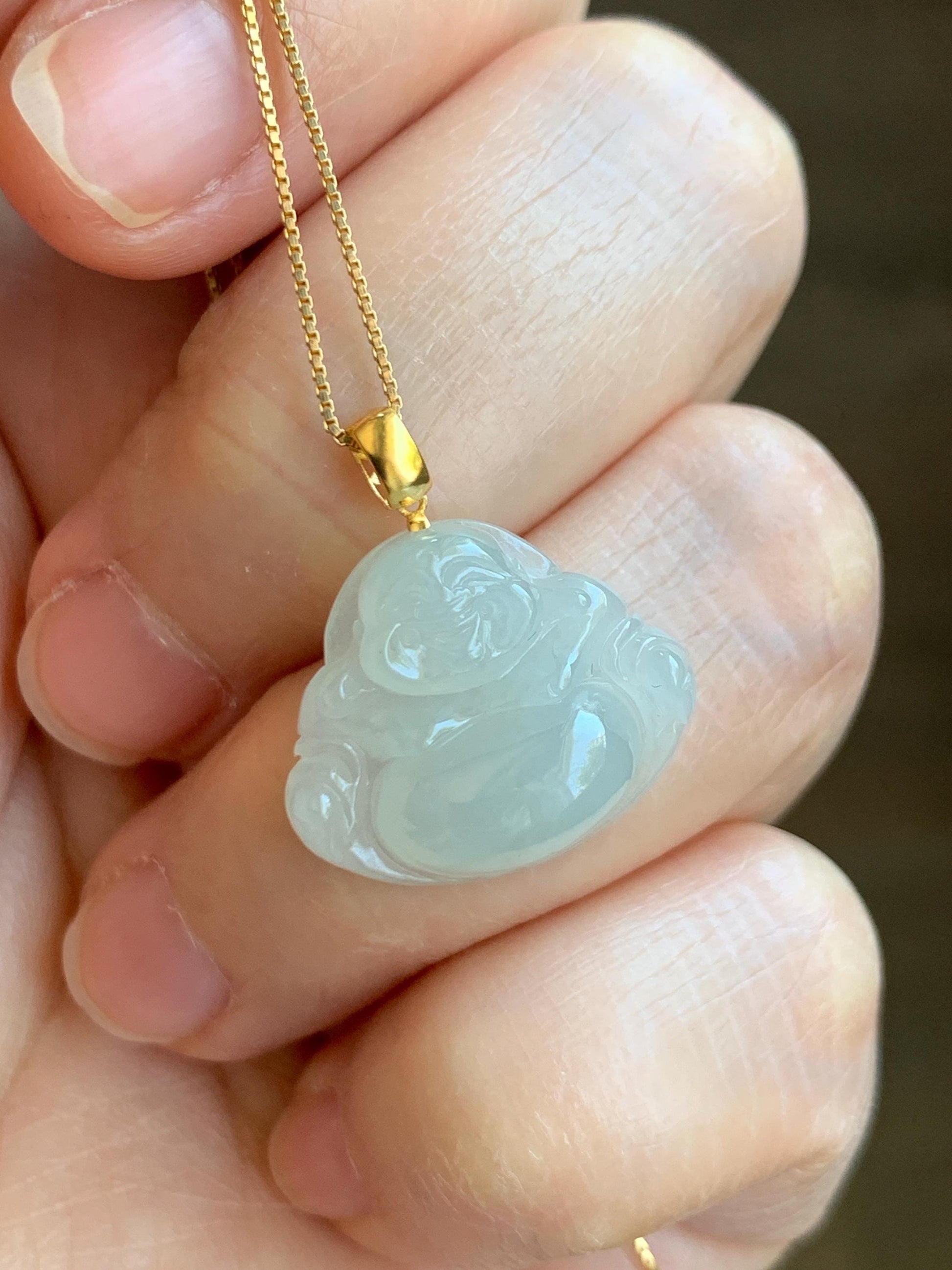 Natural Grade A Icy Translucent Beige Jade Jadeite Carved Buddha Petite Pendant 18K Yellow Gold 天然冰糖黄翡翠小佛公镶嵌吊坠 MTH150B