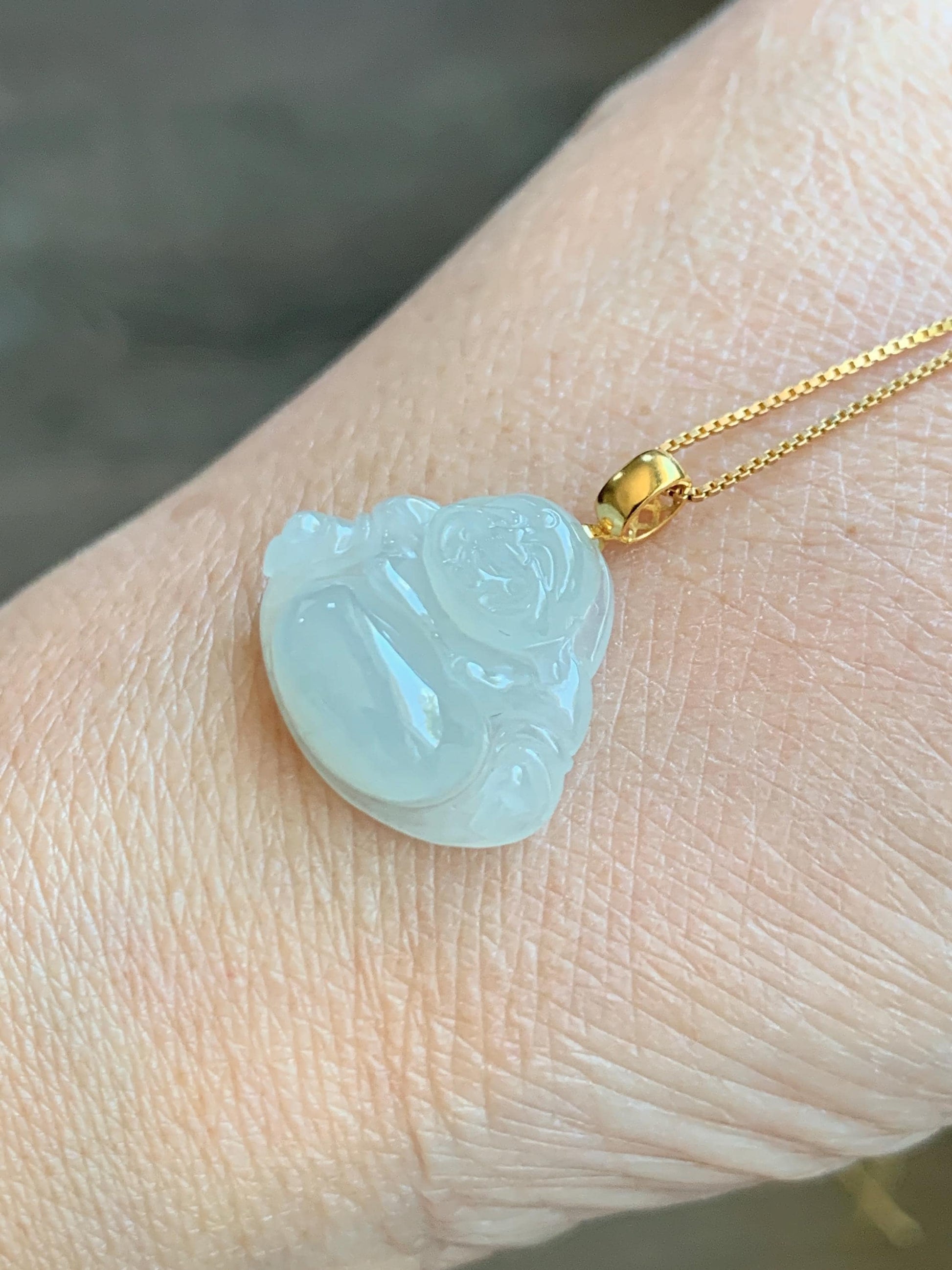 Natural Grade A Icy Translucent Beige Jade Jadeite Carved Buddha Petite Pendant 18K Yellow Gold 天然冰糖黄翡翠小佛公镶嵌吊坠 MTH150B