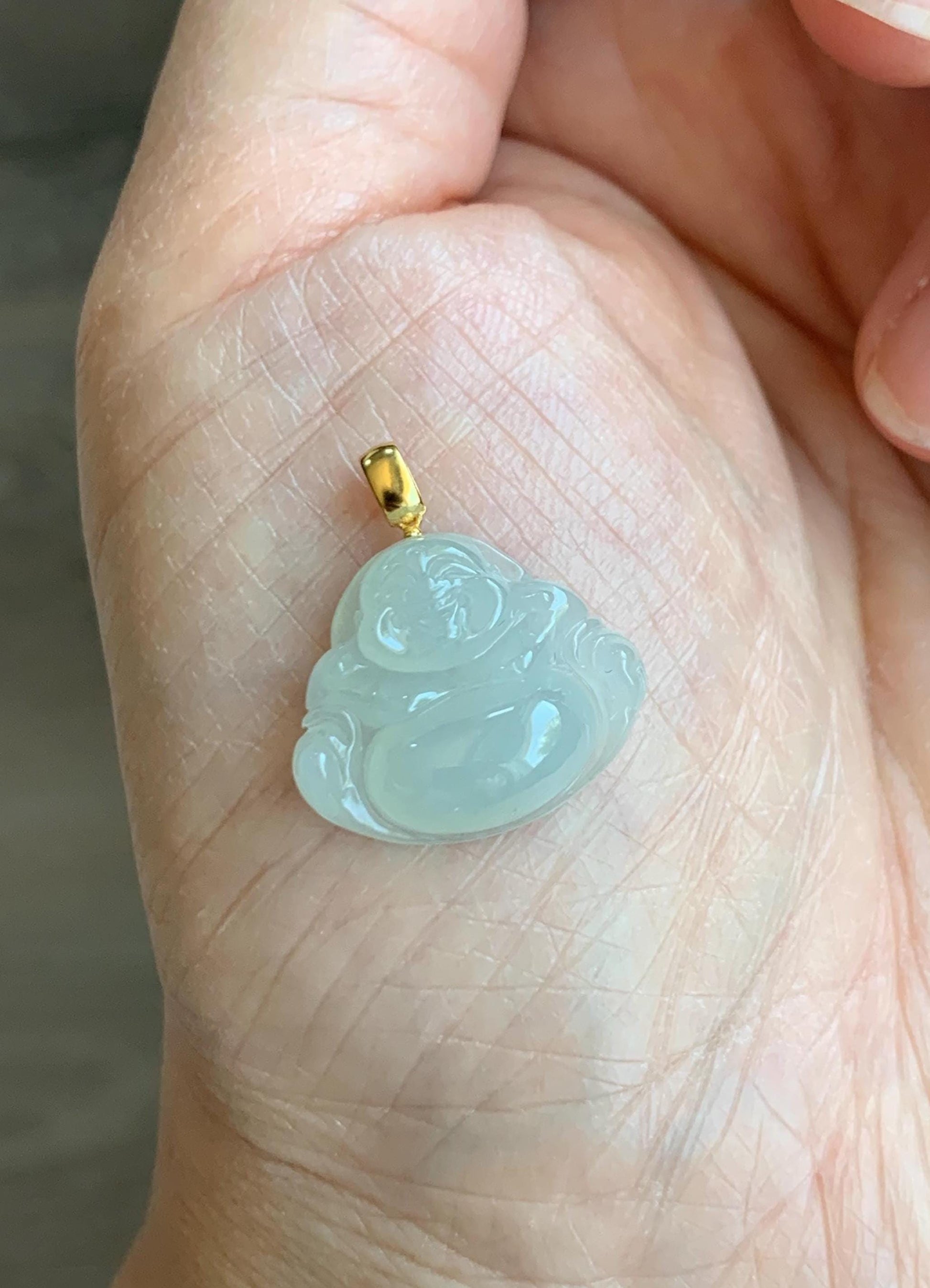 Natural Grade A Icy Translucent Beige Jade Jadeite Carved Buddha Petite Pendant 18K Yellow Gold 天然冰糖黄翡翠小佛公镶嵌吊坠 MTH150B