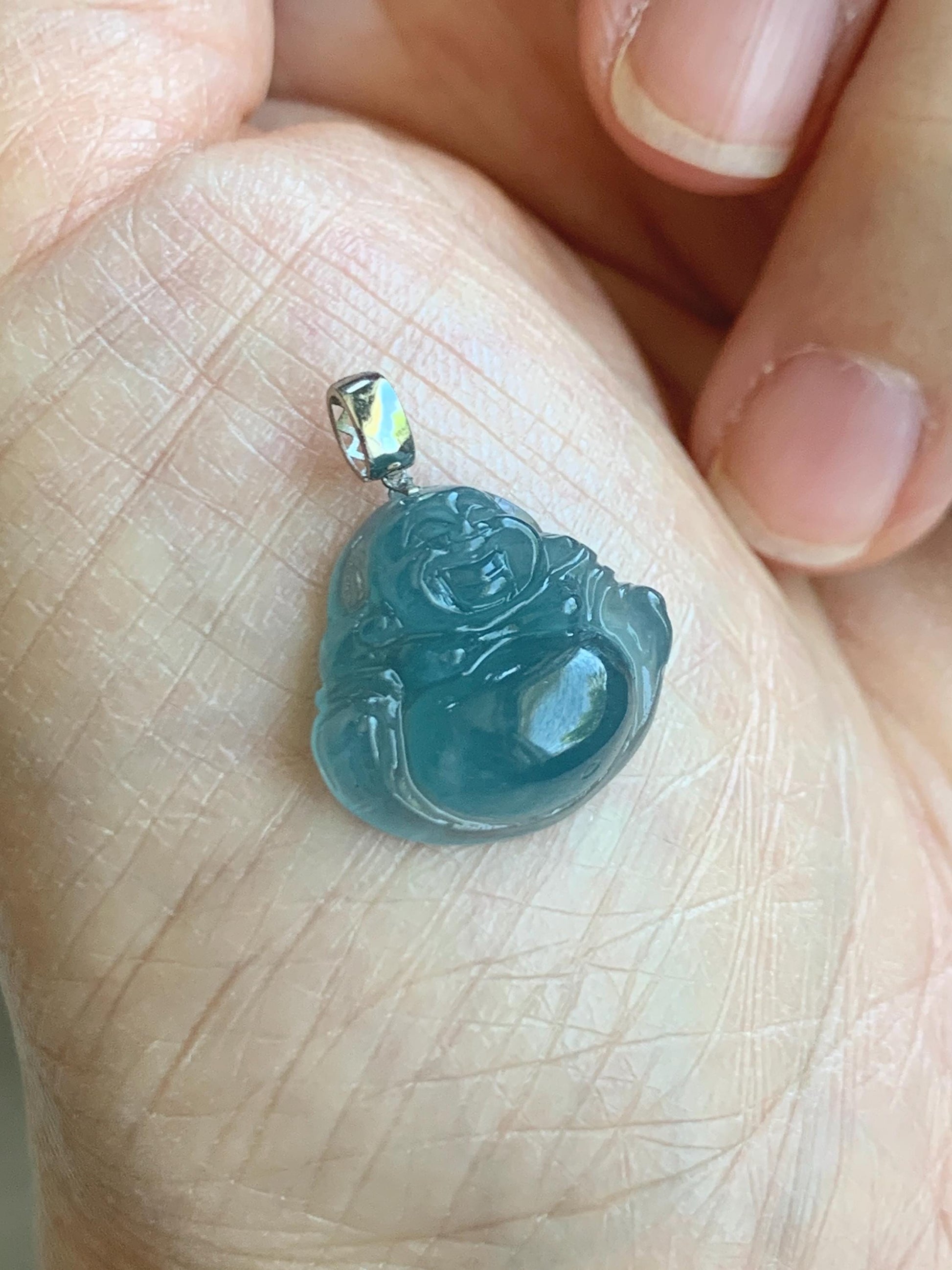 Natural Grade A Guatemalan Icy Translucent Gelatinous Blue Jade Jadeite Carved Buddha Petite Pendant 18K White Gold 天然冰危蓝翡翠小佛公镶嵌吊坠 XWLF-A