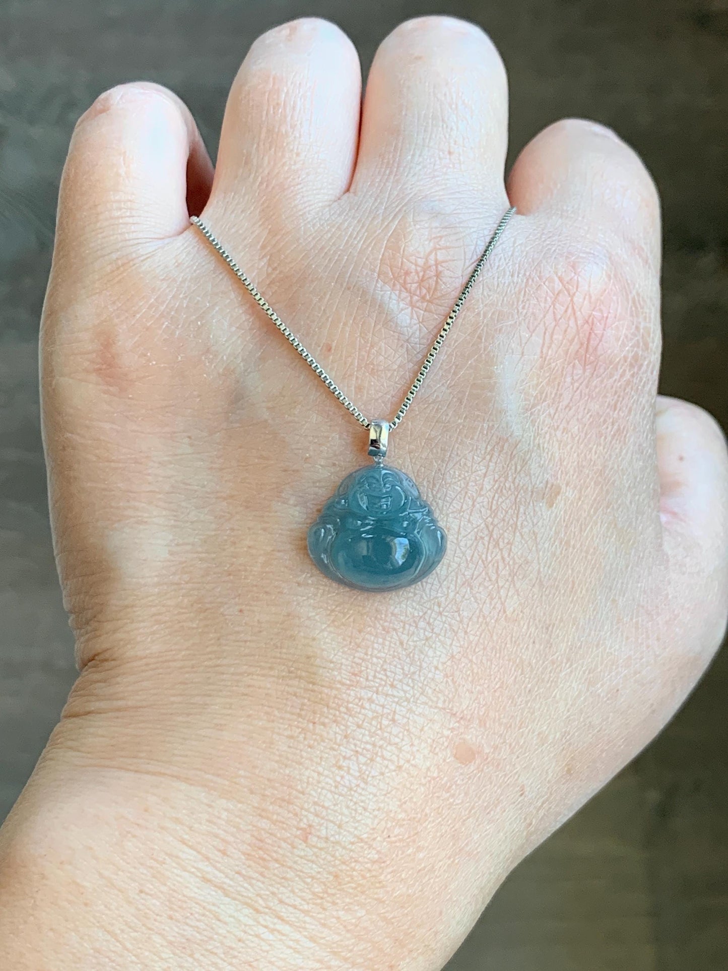 Natural Grade A Guatemalan Icy Translucent Gelatinous Blue Jade Jadeite Carved Buddha Petite Pendant 18K White Gold 天然冰危蓝翡翠小佛公镶嵌吊坠 XWLF-A