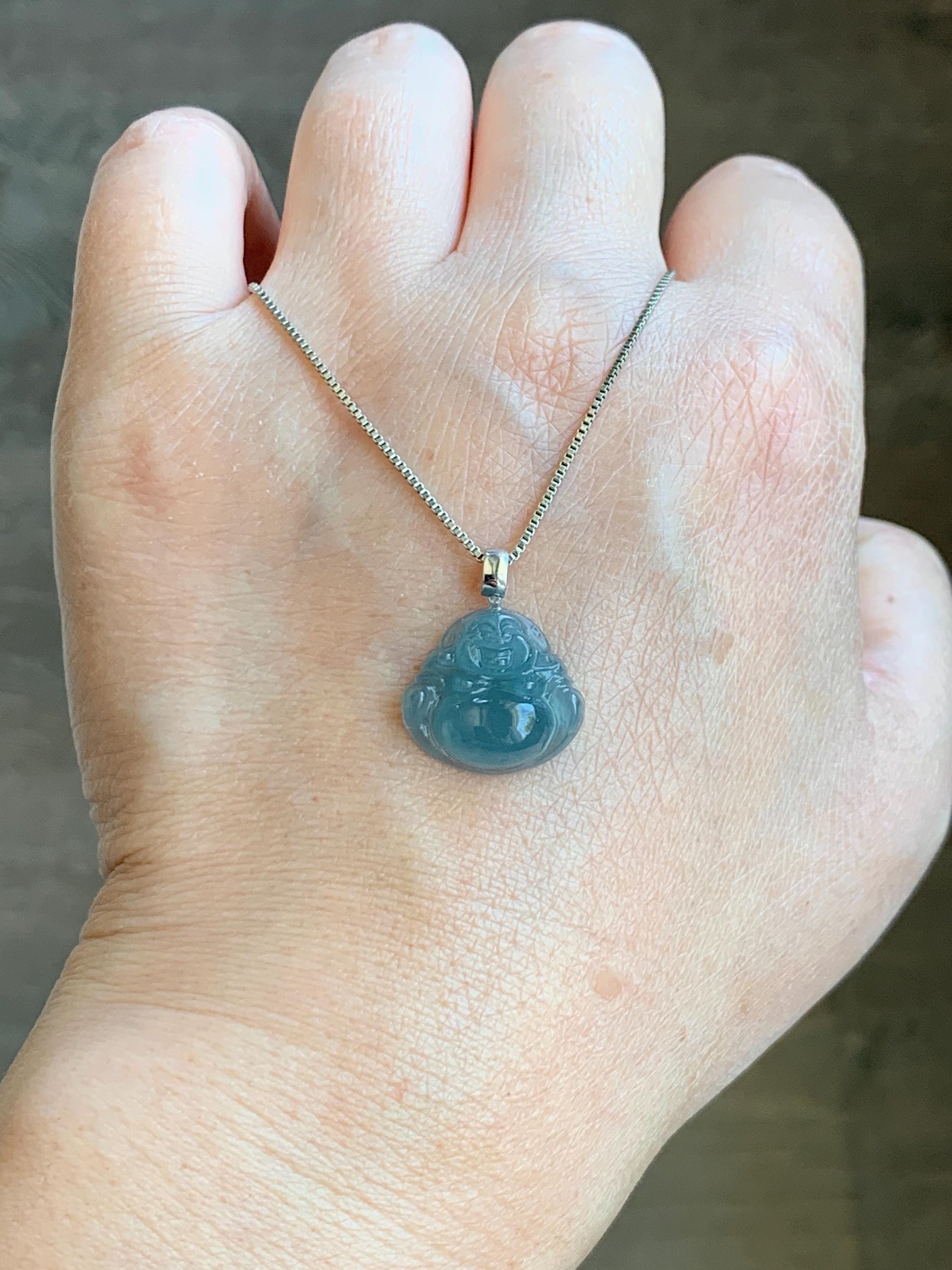 Natural Grade A Guatemalan Icy Translucent Gelatinous Blue Jade Jadeite Carved Buddha Petite Pendant 18K White Gold 天然冰危蓝翡翠小佛公镶嵌吊坠 XWLF-A