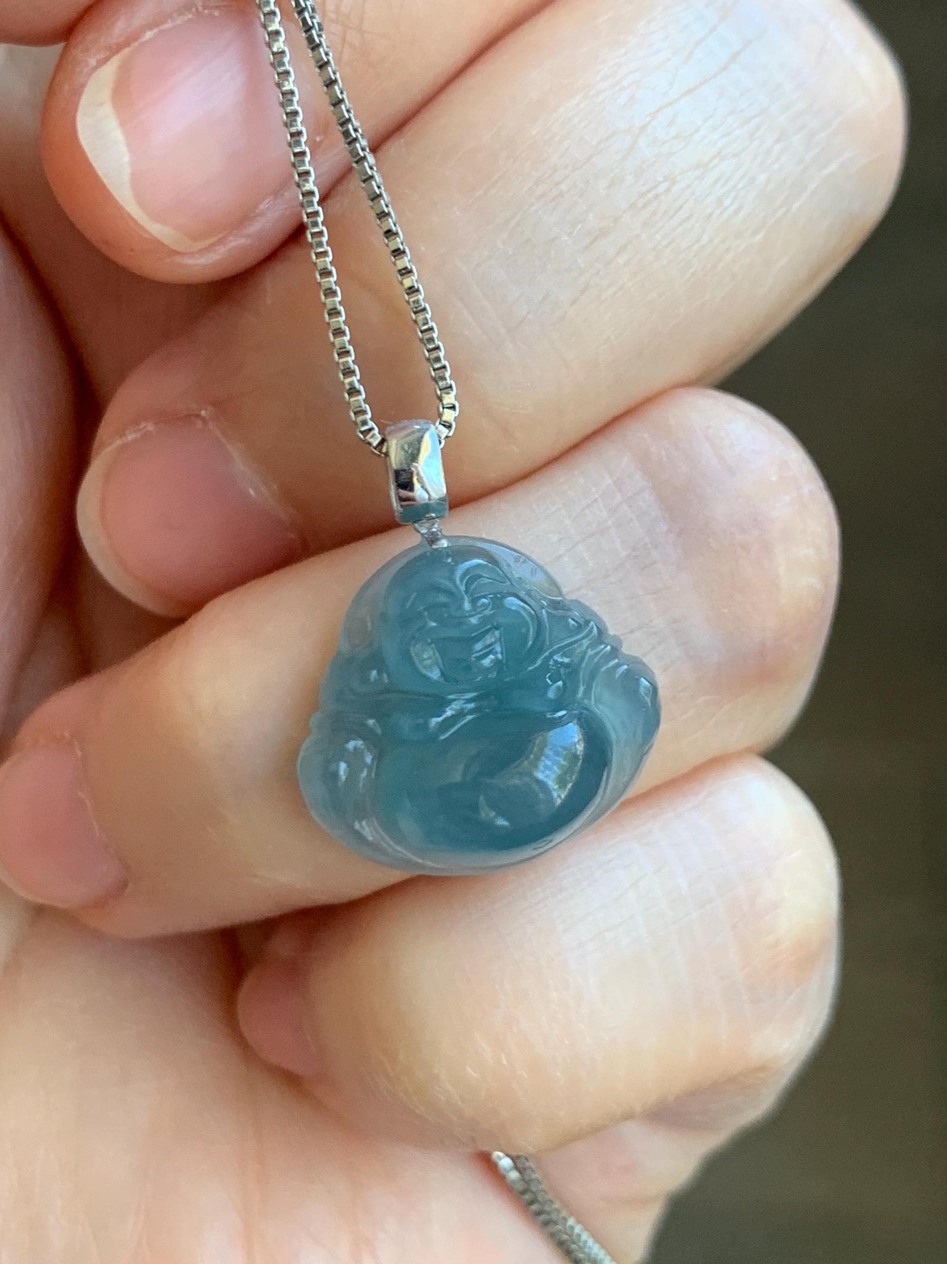 Natural Grade A Guatemalan Icy Translucent Gelatinous Blue Jade Jadeite Carved Buddha Petite Pendant 18K White Gold 天然冰危蓝翡翠小佛公镶嵌吊坠 XWLF-A