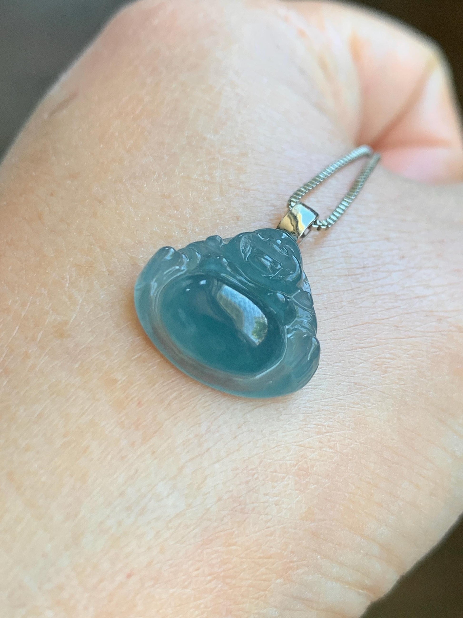 Natural Grade A Guatemalan Icy Translucent Gelatinous Blue Jade Jadeite Carved Buddha Petite Pendant 18K White Gold 天然冰危蓝翡翠小佛公镶嵌吊坠 XWLF-A