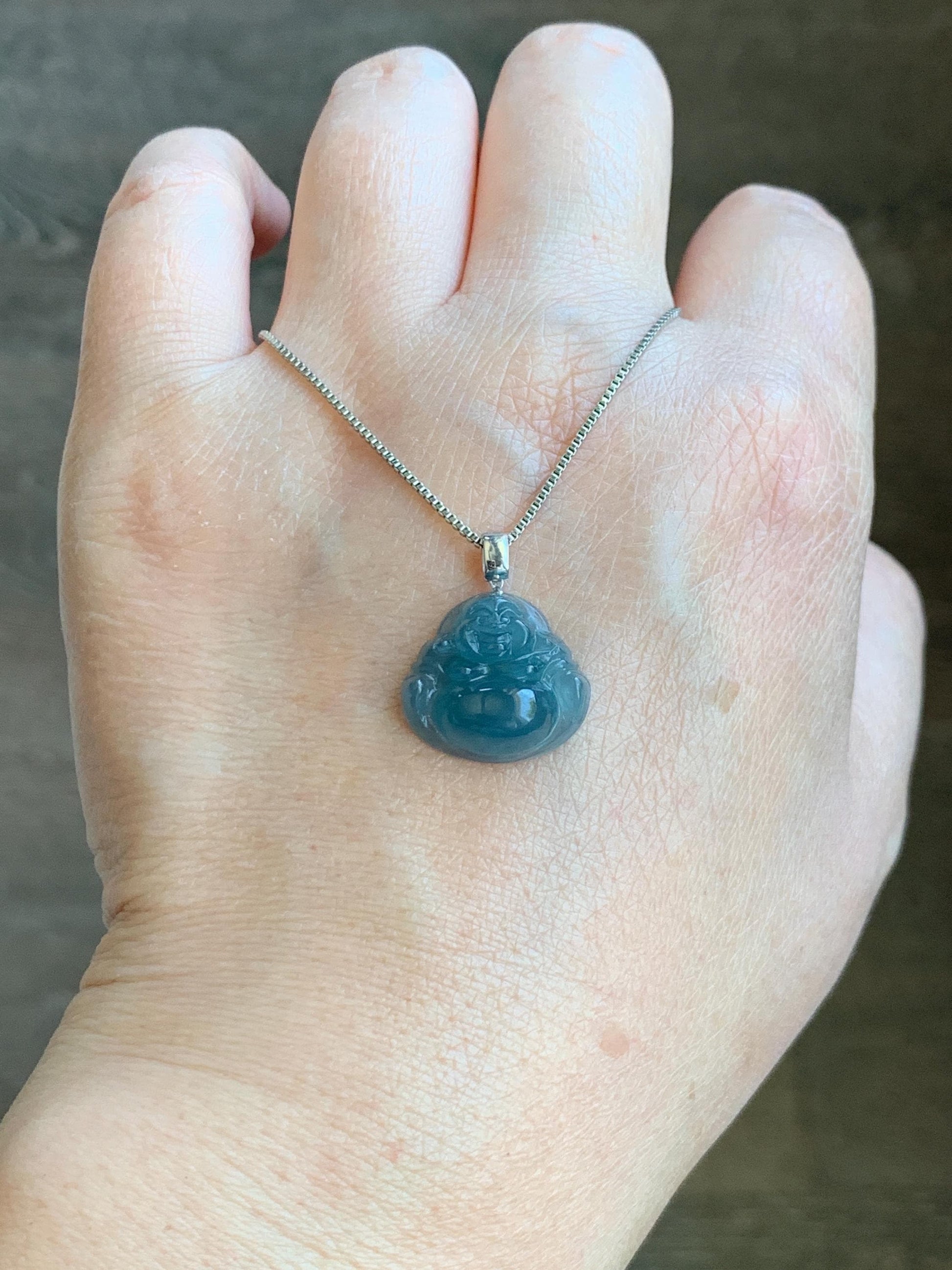 Natural Grade A Guatemalan Icy Translucent Gelatinous Deep Blue Jade Jadeite Buddha Petite Pendant 18K White Gold 天然冰危蓝翡翠小佛公镶嵌吊坠 XWLF-B