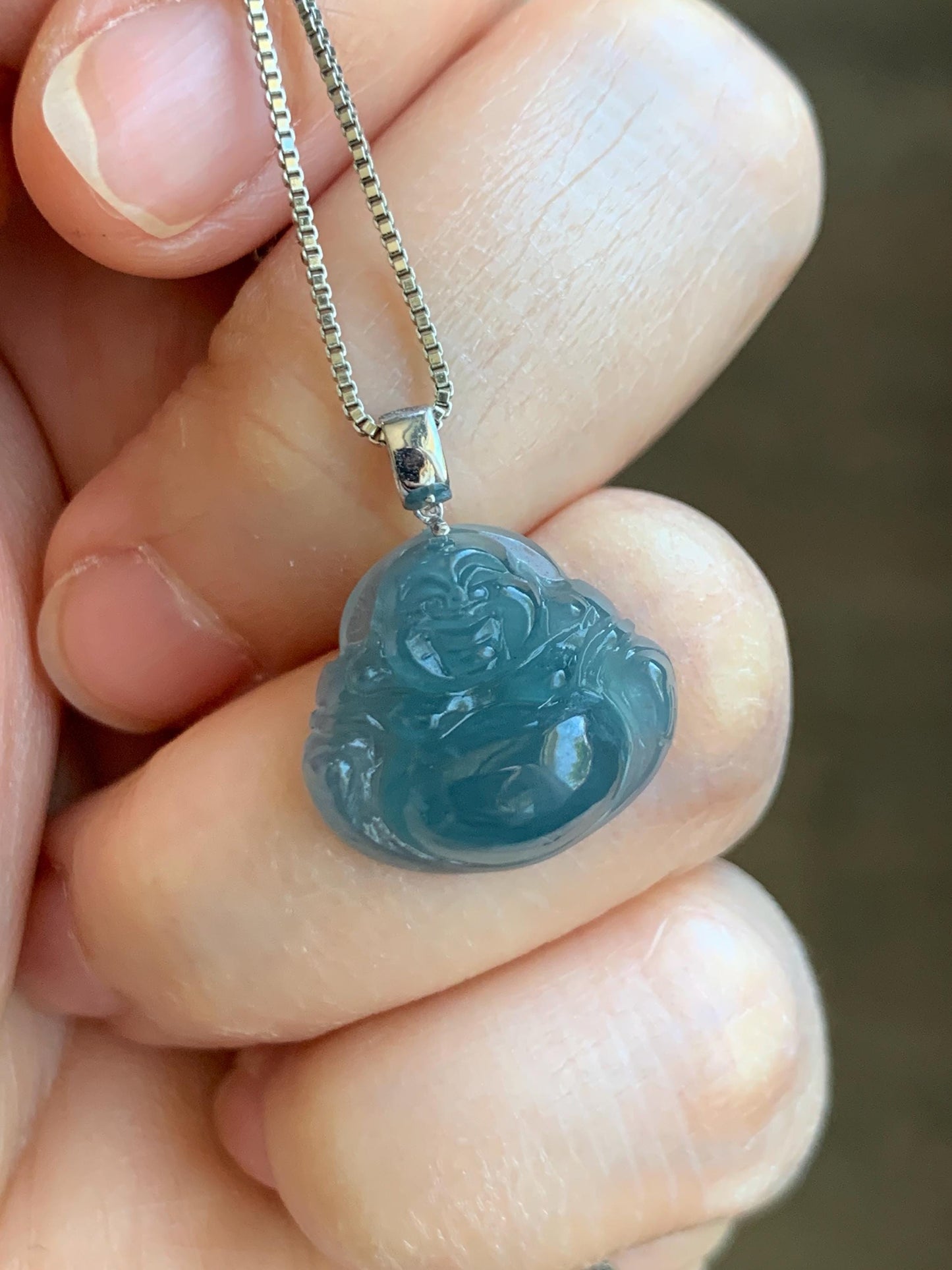 Natural Grade A Guatemalan Icy Translucent Gelatinous Deep Blue Jade Jadeite Buddha Petite Pendant 18K White Gold 天然冰危蓝翡翠小佛公镶嵌吊坠 XWLF-B