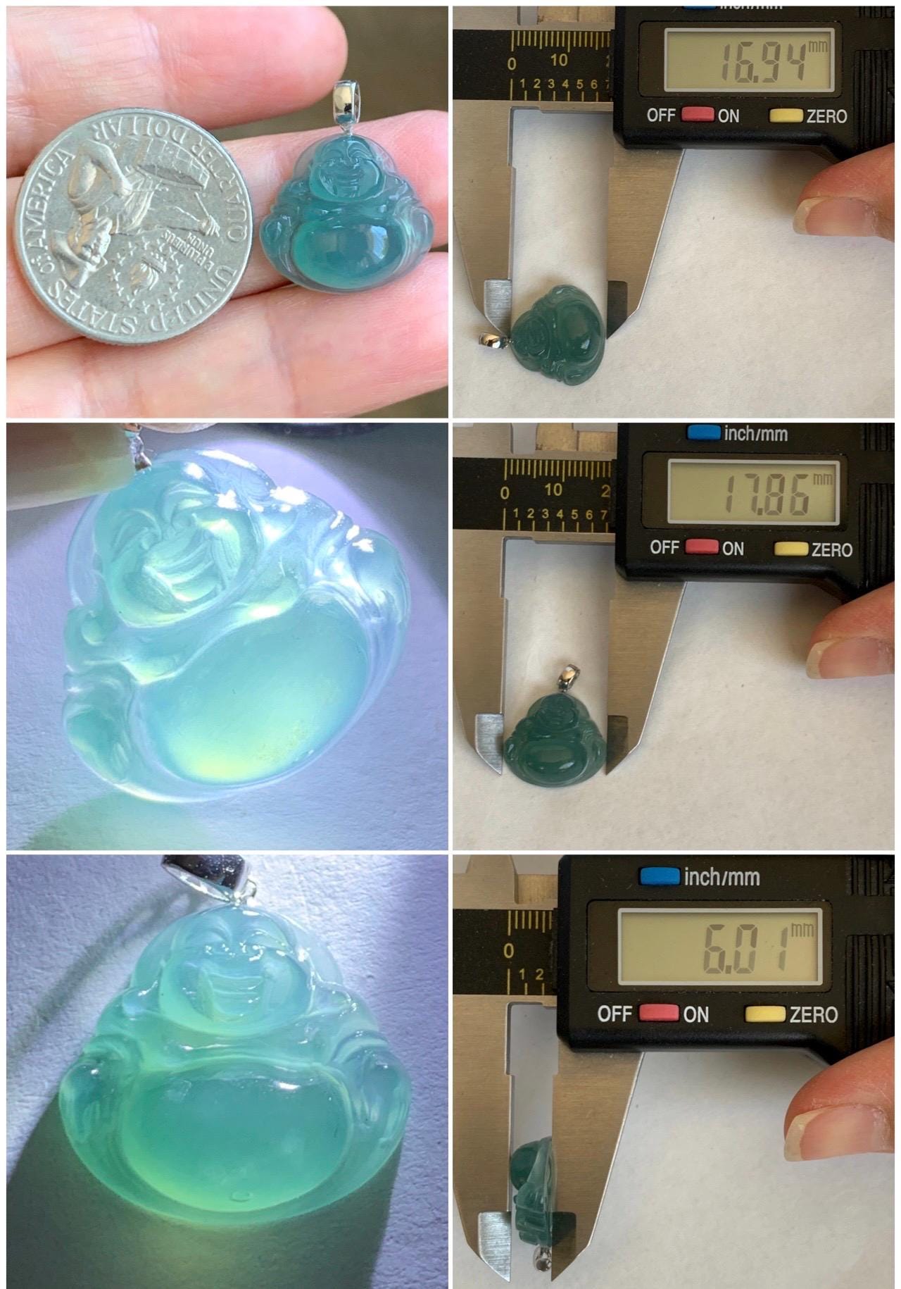 Natural Grade A Guatemalan Icy Translucent Gelatinous Teal Jade Jadeite Buddha Petite Pendant 18K White Gold 天然冰危蓝绿翡翠小佛公镶嵌吊坠 XWLF-C