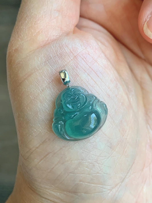 Natural Grade A Guatemalan Icy Translucent Gelatinous Teal Jade Jadeite Buddha Petite Pendant 18K White Gold 天然冰危蓝绿翡翠小佛公镶嵌吊坠 XWLF-C