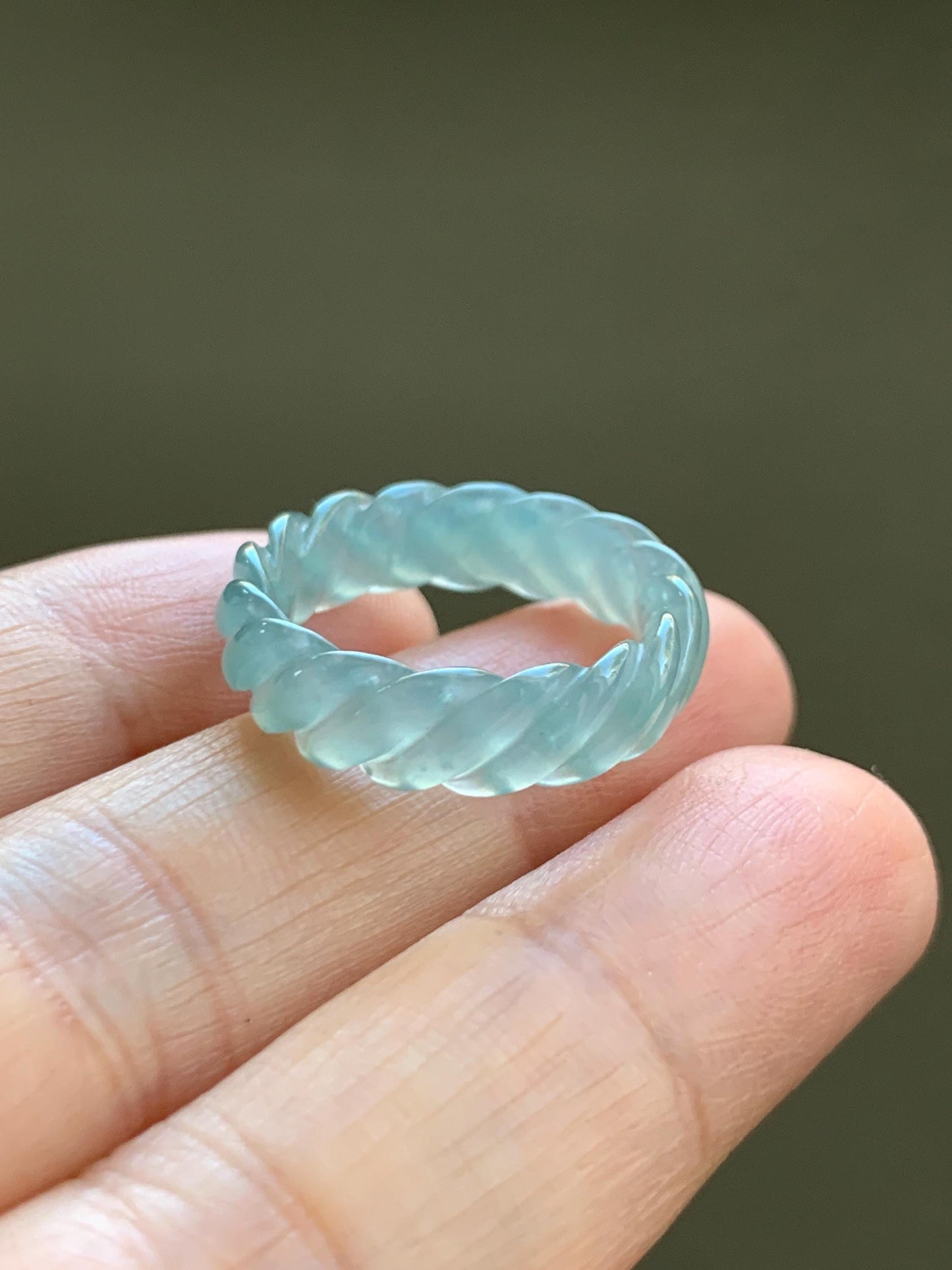 Natural Grade A Guatemalan Icy Highly Translucent Gelatinous Light Teal Jade Jadeite Carved Braid Band Ring Size 6.75 天然高冰危浅蓝绿翡翠麻花戒圈 MHW110A