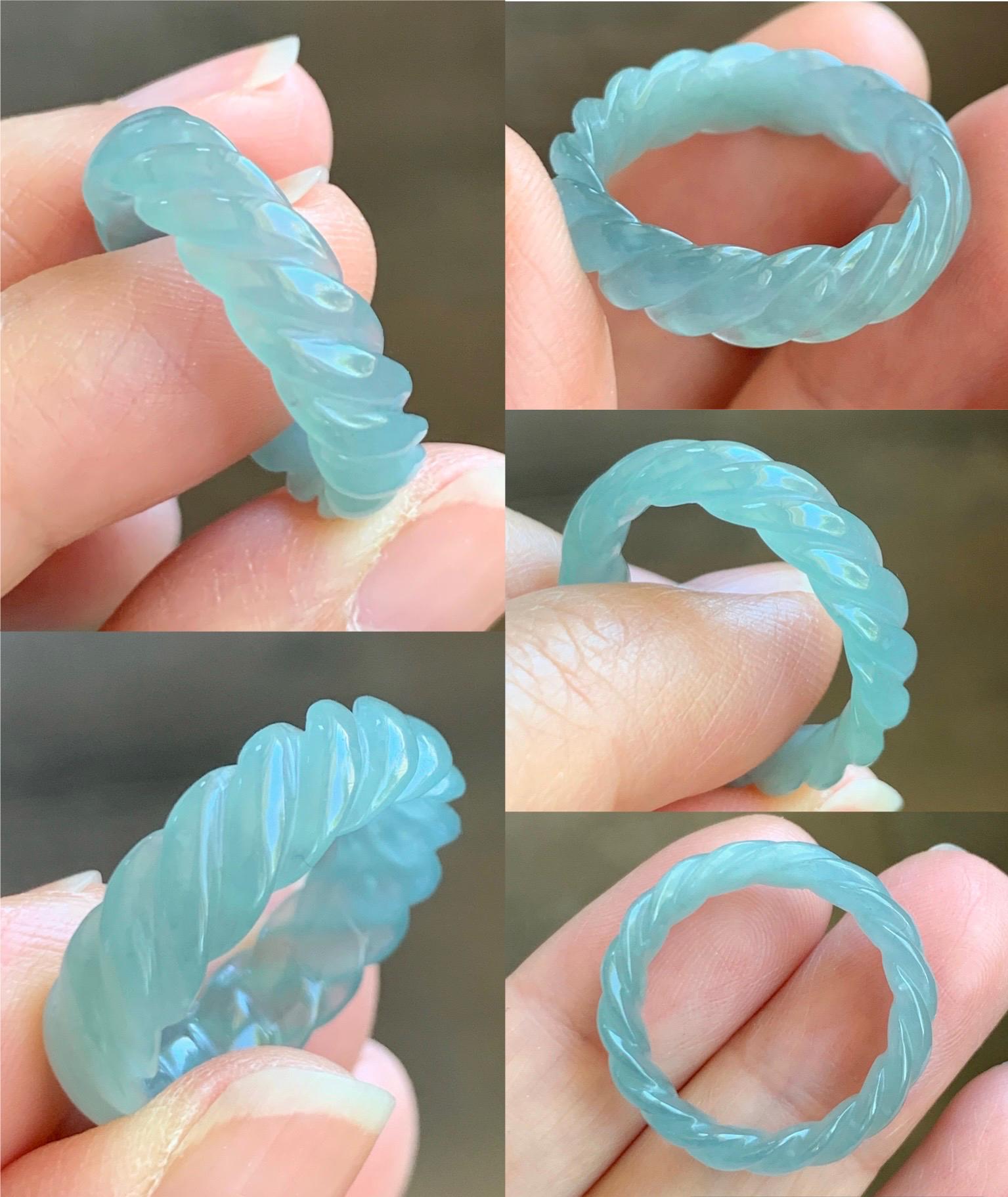 Natural Grade A Guatemalan Icy Highly Translucent Gelatinous Light Teal Jade Jadeite Carved Braid Band Ring Size 8.25 天然高冰危浅蓝绿翡翠麻花戒圈 MHW110B