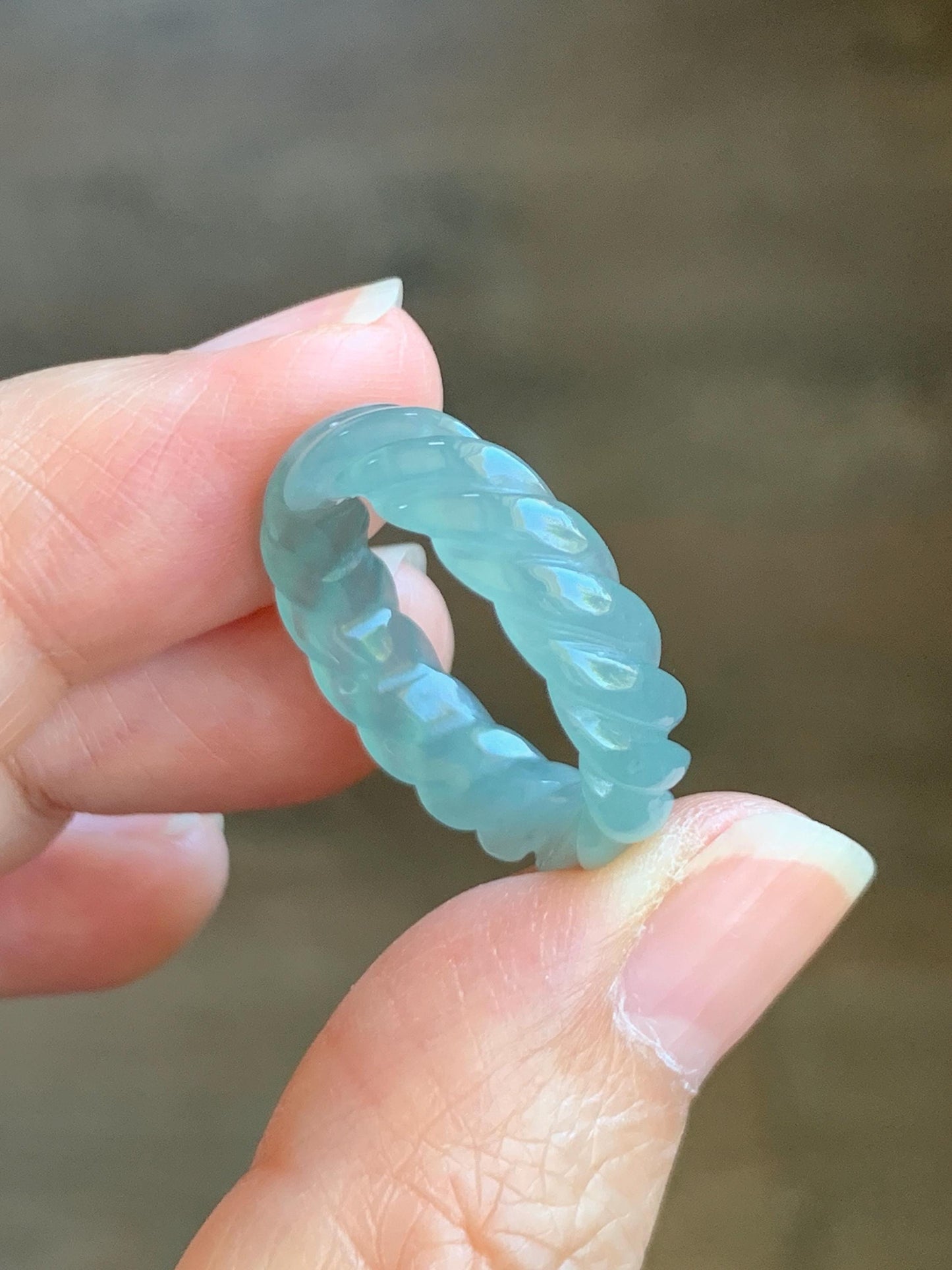 Natural Grade A Guatemalan Icy Highly Translucent Gelatinous Light Teal Jade Jadeite Carved Braid Band Ring Size 8.25 天然高冰危浅蓝绿翡翠麻花戒圈 MHW110B