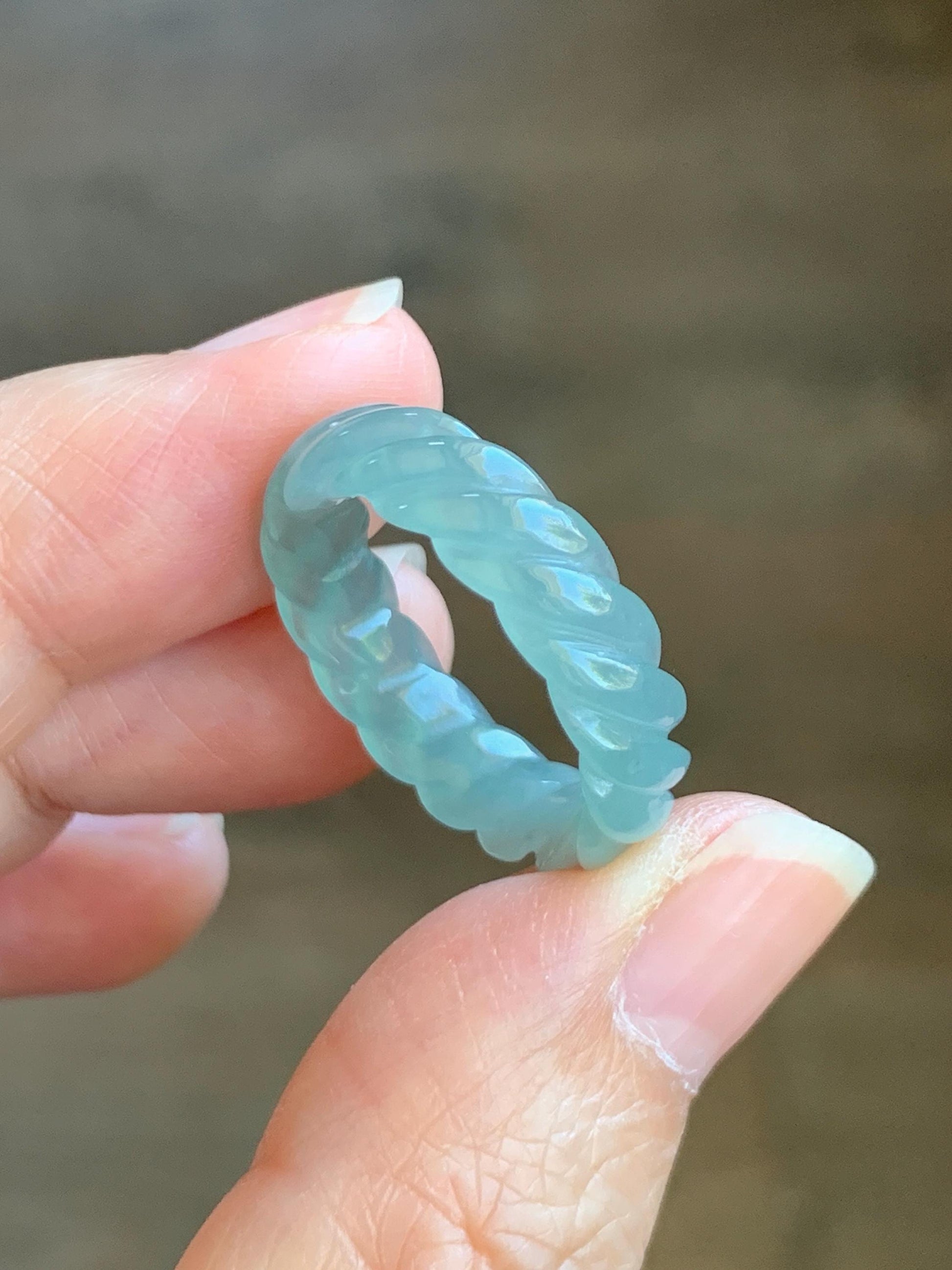 Natural Grade A Guatemalan Icy Highly Translucent Gelatinous Light Teal Jade Jadeite Carved Braid Band Ring Size 8.25 天然高冰危浅蓝绿翡翠麻花戒圈 MHW110B