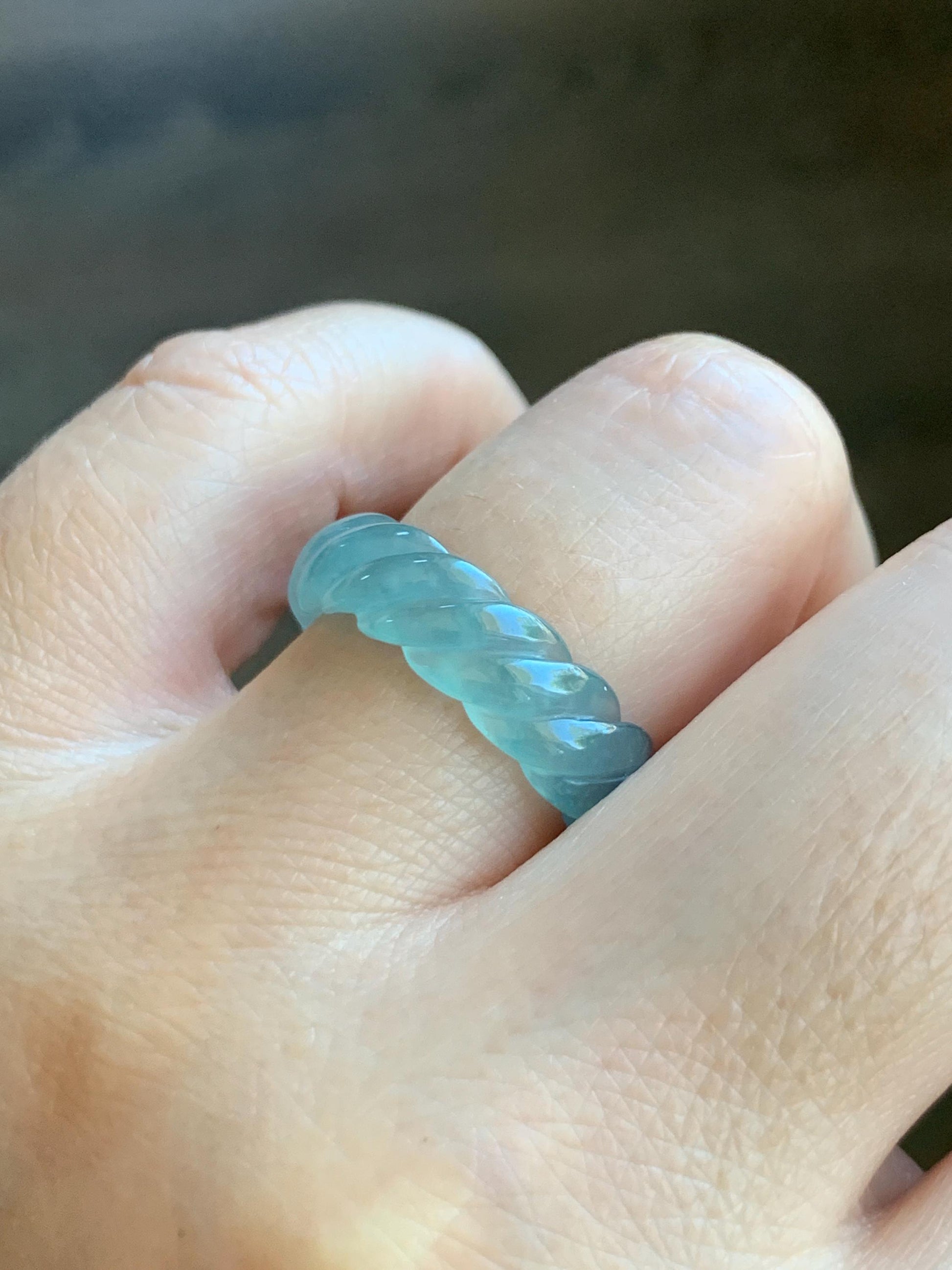 Natural Grade A Guatemalan Icy Highly Translucent Gelatinous Light Teal Jade Jadeite Carved Braid Band Ring Size 8.25 天然高冰危浅蓝绿翡翠麻花戒圈 MHW110B