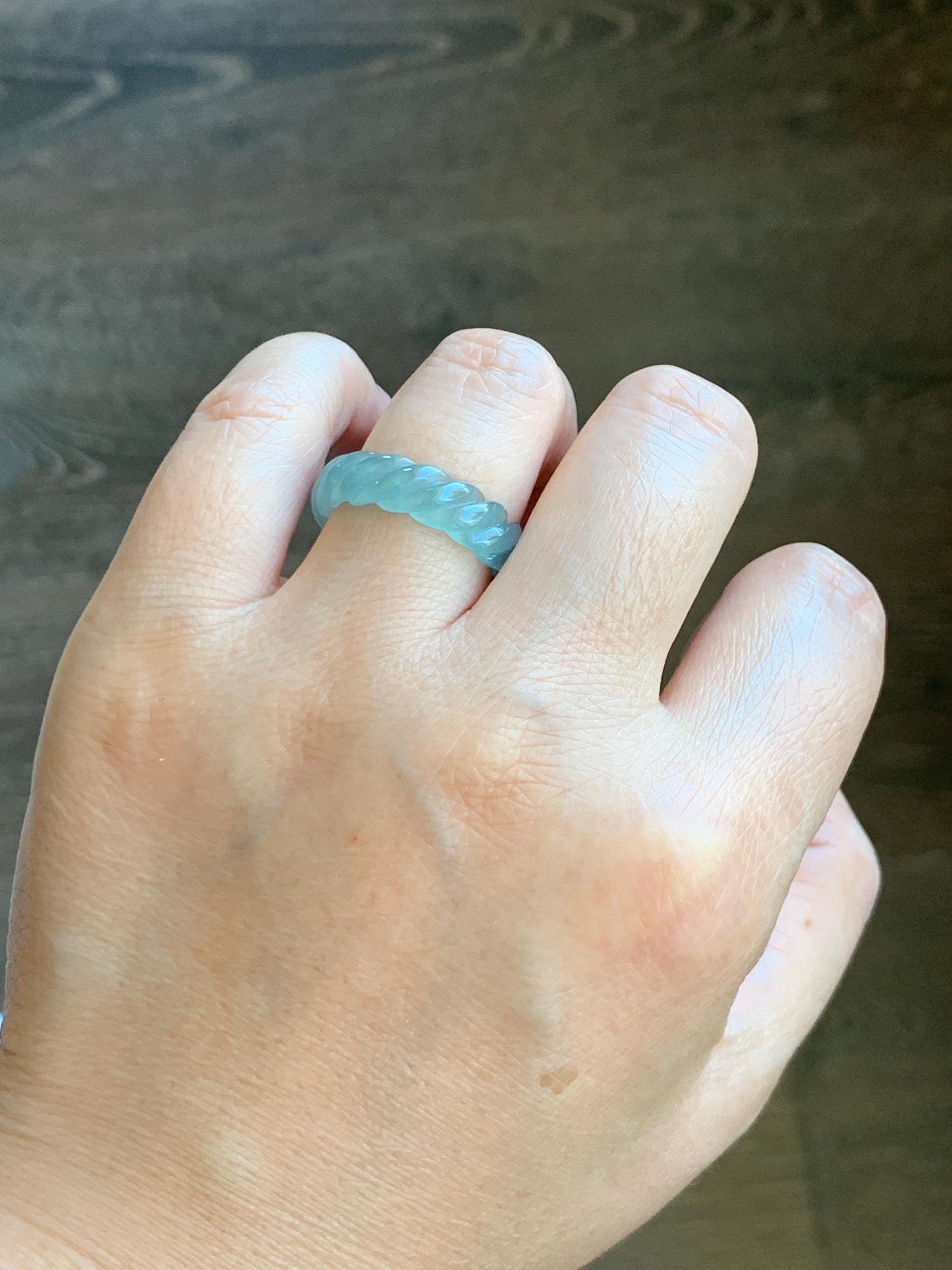 Natural Grade A Guatemalan Icy Highly Translucent Gelatinous Light Teal Jade Jadeite Carved Braid Band Ring Size 8.25 天然高冰危浅蓝绿翡翠麻花戒圈 MHW110B